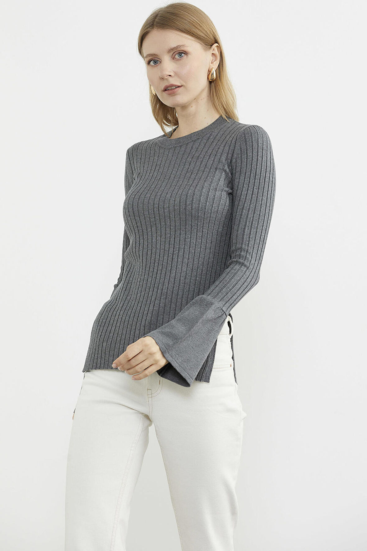 Kol Detaylı Derbili Triko Kazak - Koyu Gri