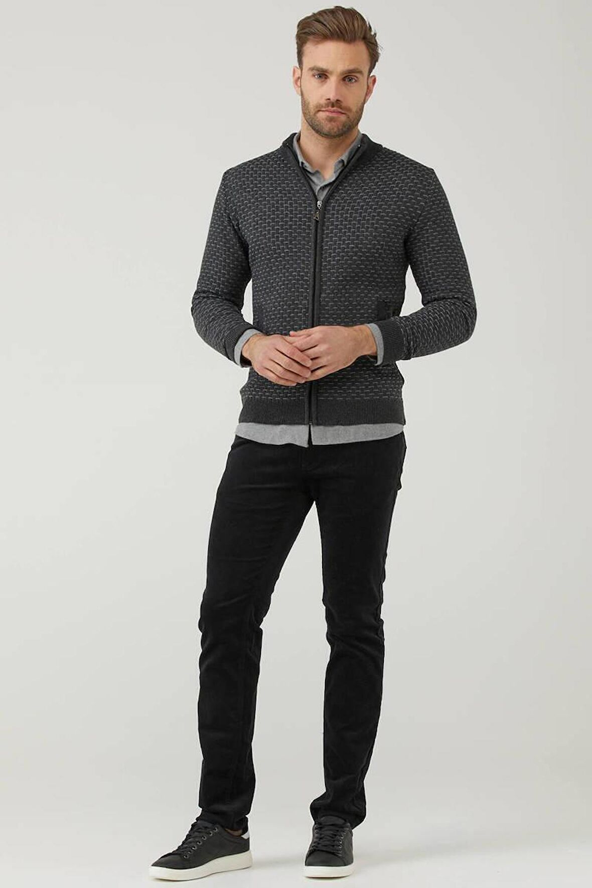 Erkek Fermuarlı Cepli Triko Hırka  - Antrasit - Gri