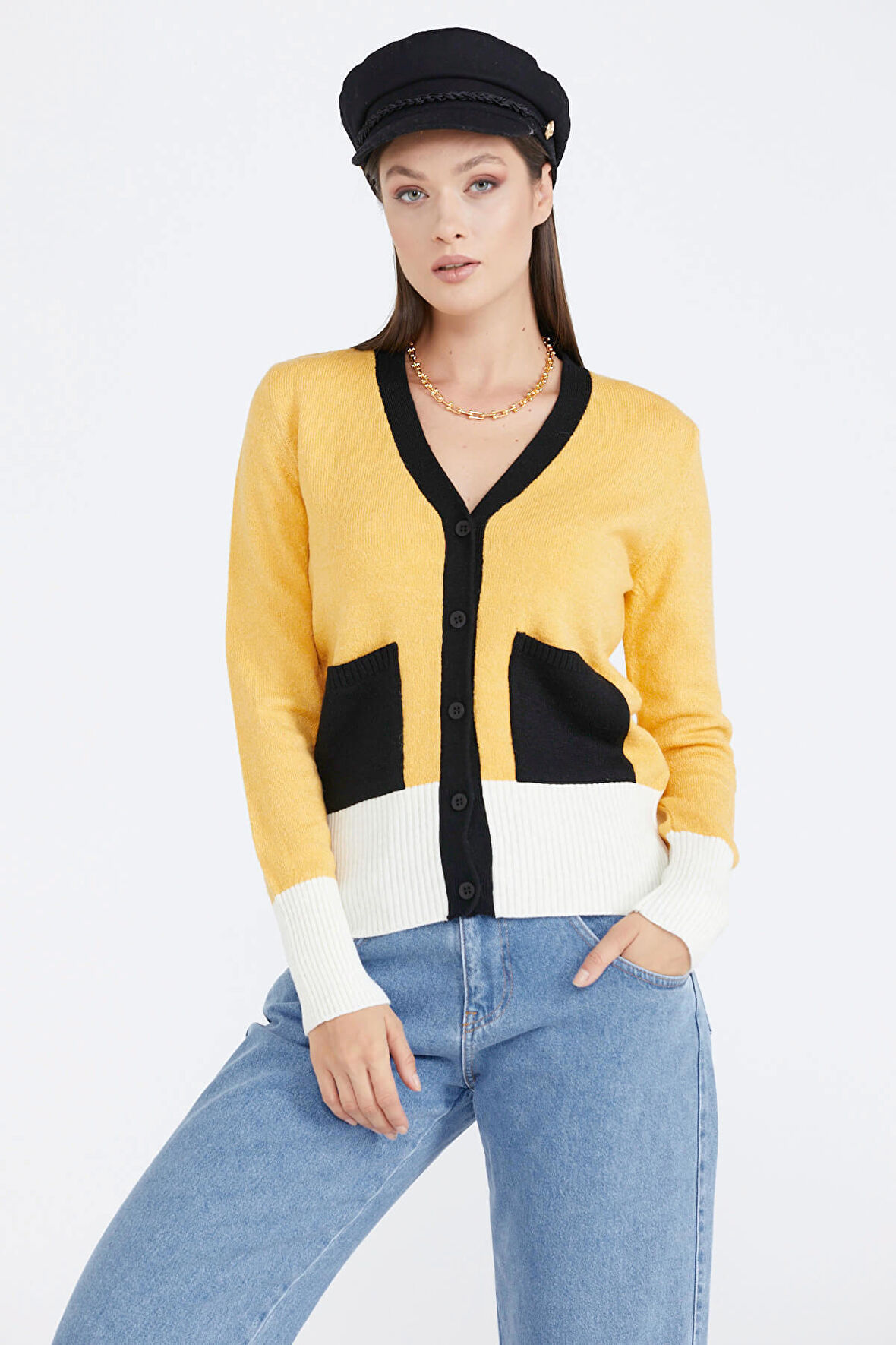 Kadın Renkli Cepli Triko Hırka  - Hardal