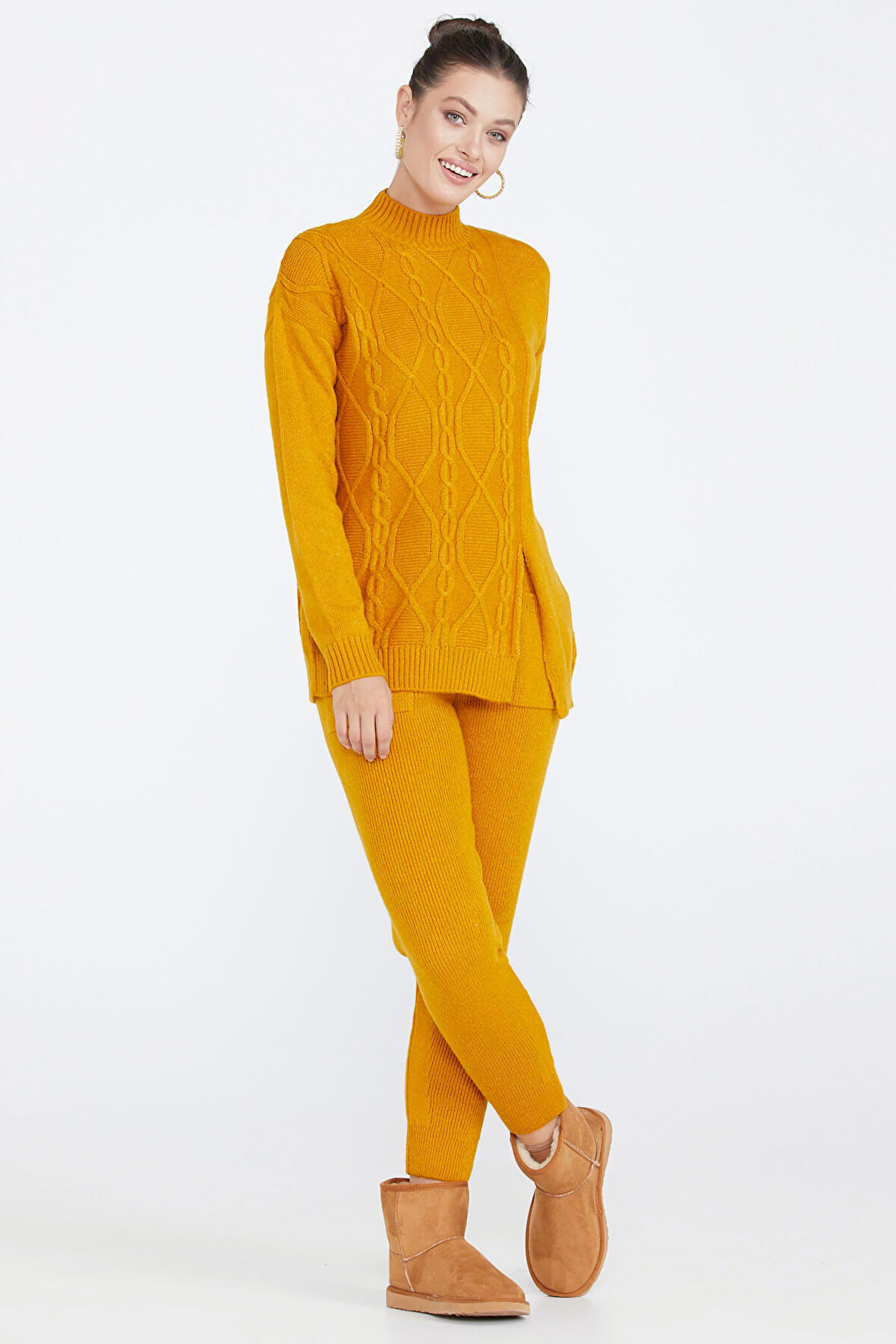 Kadın Yırtmaçlı Triko Kazak  - Kayısı