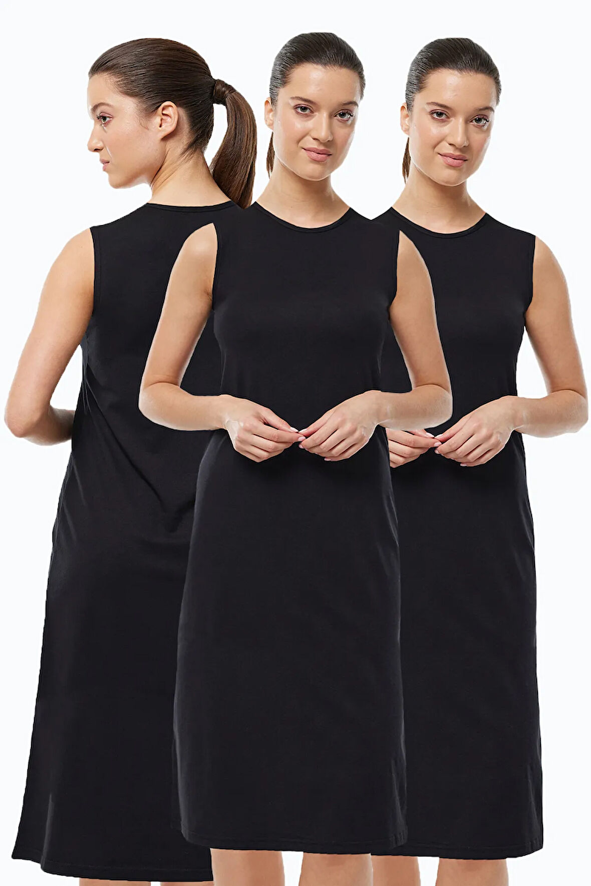 Kadın Siyah 3 lü Set Uzun Kolsuz Elbise Astarı Modal Kombinezon 3M1049