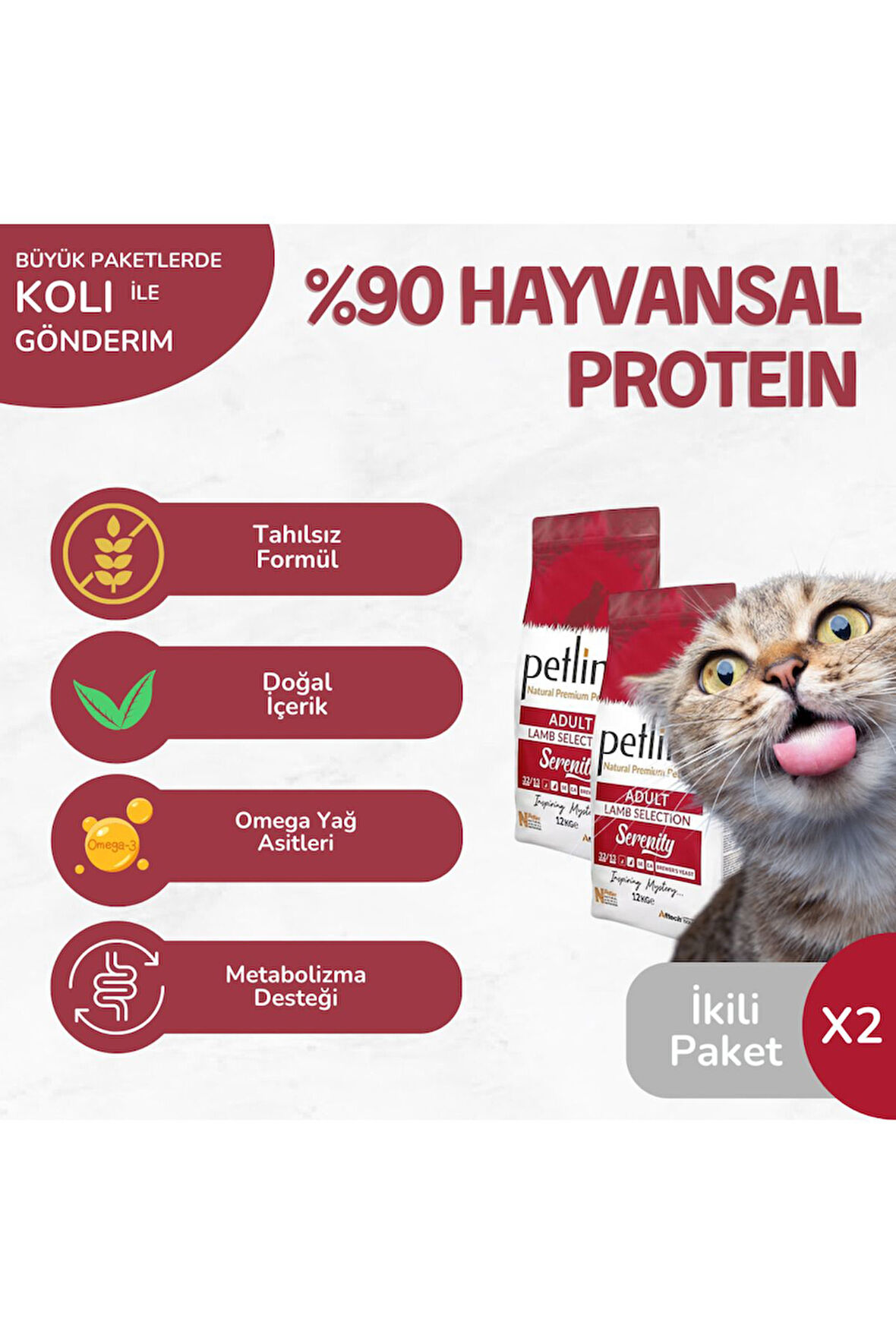 Kaliteli İkili Paket Kedi Maması Kuzu Etli 2x12 Kg SERENITY