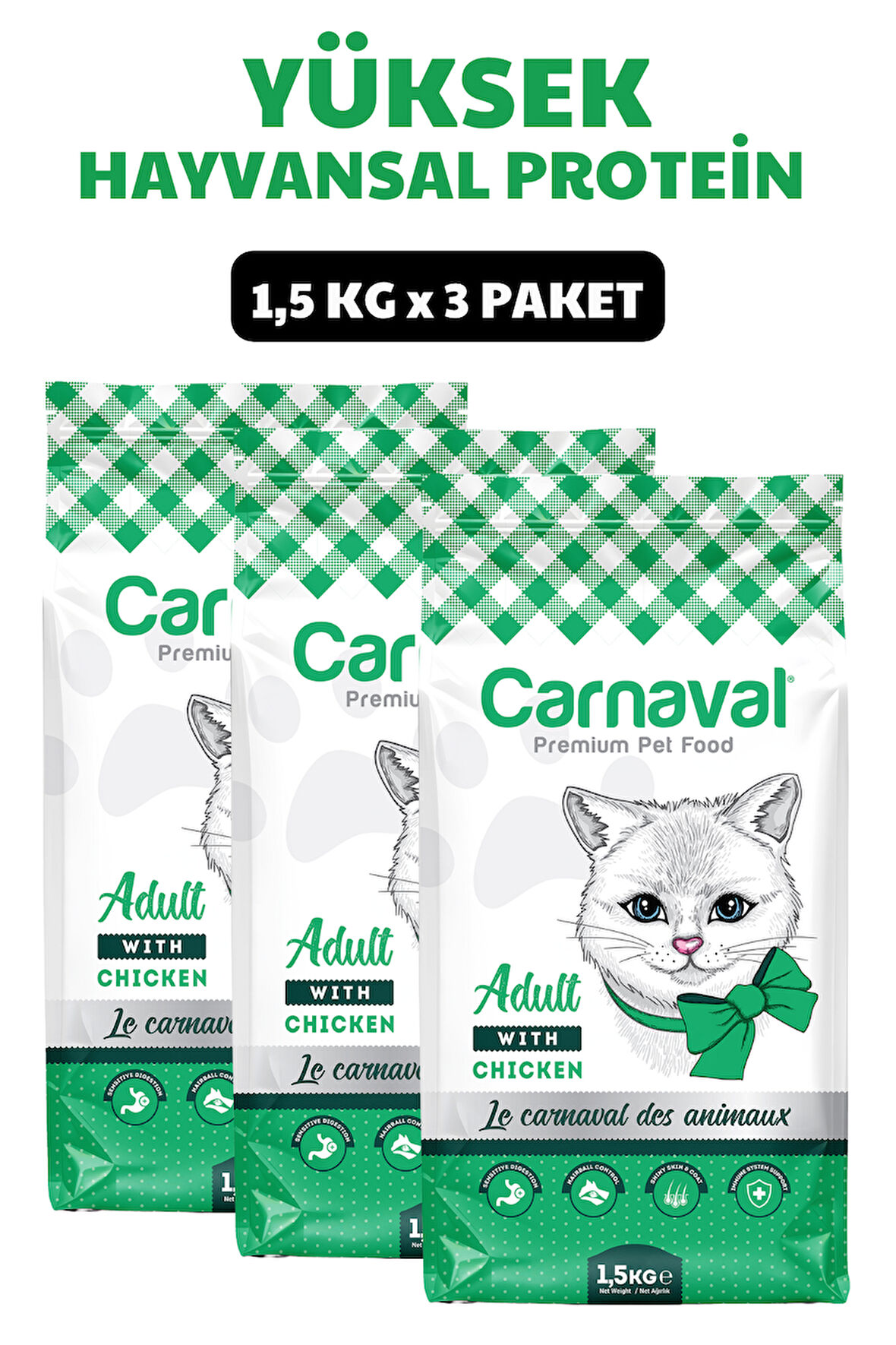 Carnaval Gurme Yetişkin Kedi Maması Tavuklu ve Sebzeli 4.5Kg (3x1.5Kg) 