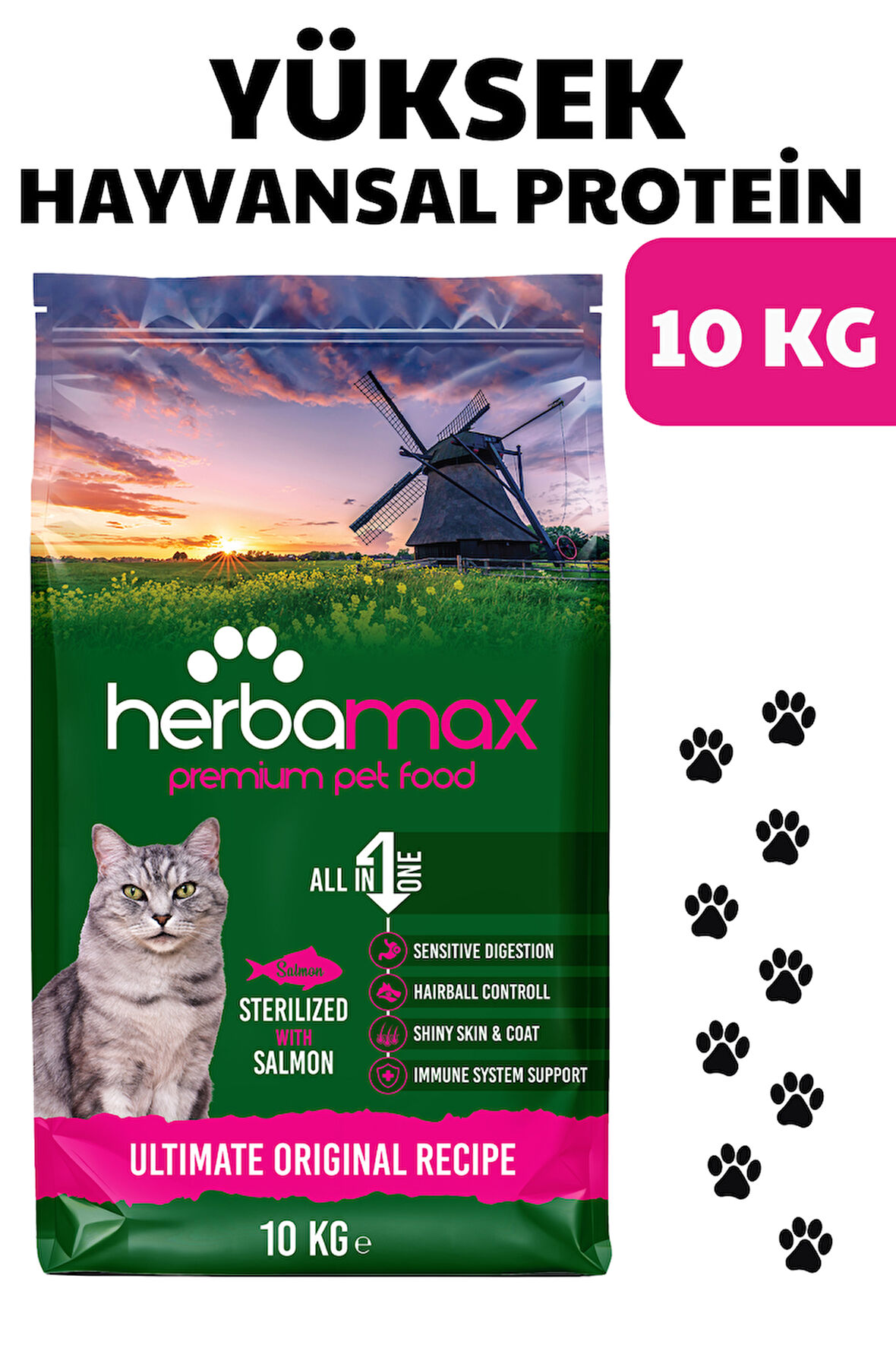 HerbaMax Sterilised Kısırlaştırılmış Somonlu ve Pirinçli Yetişkin Kedi Maması 10Kg