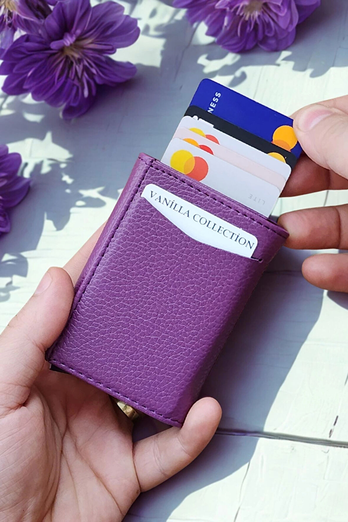 Otomatik Mekanizmalı Deri Cüzdan Kartlık Portföy Mor Renk