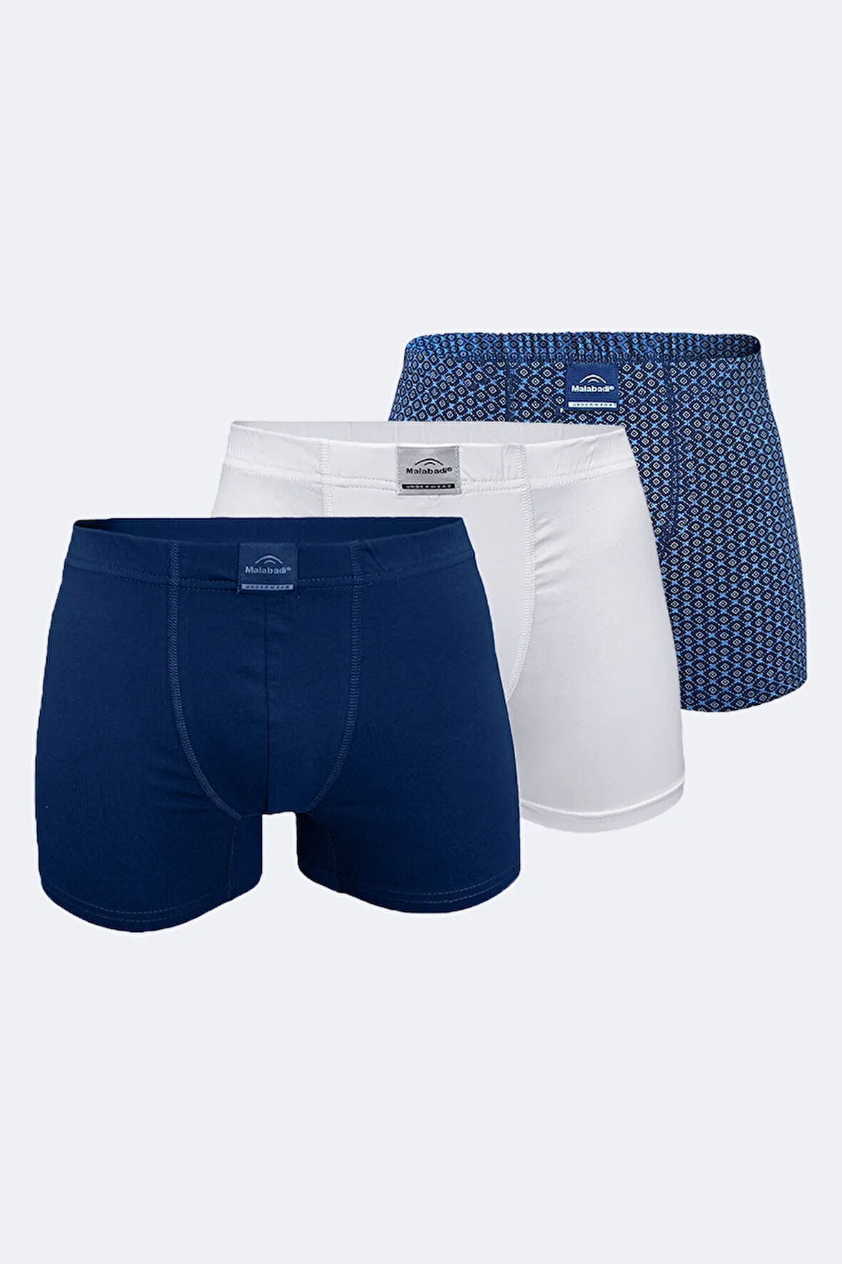Erkek Desenli Beyaz Lacivert 3 lü Pamuk Elastan Boxer 3M074