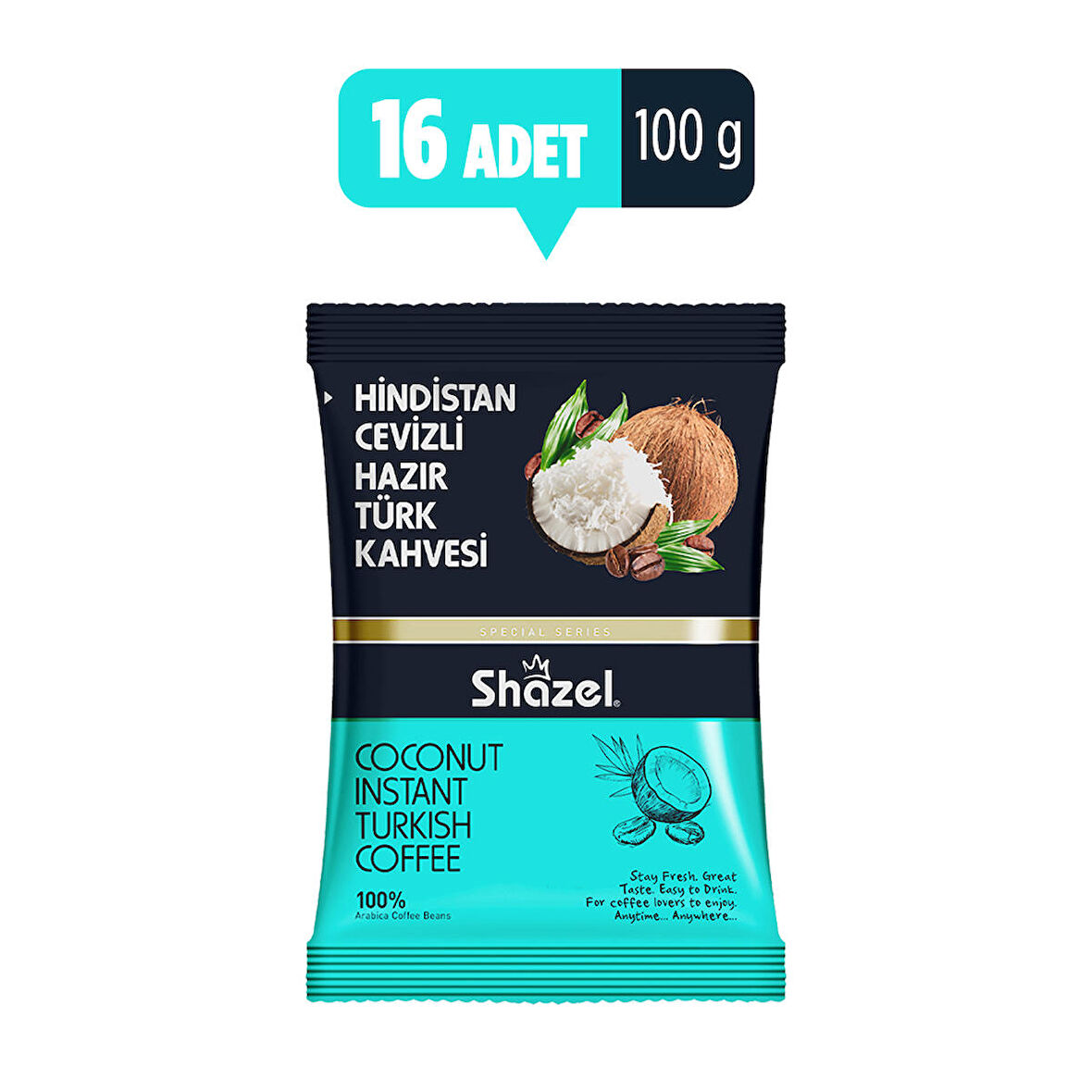SHAZEL Hindistan Cevizli Hazır Türk Kahvesi 100G x 16 Adet (Aromalı)