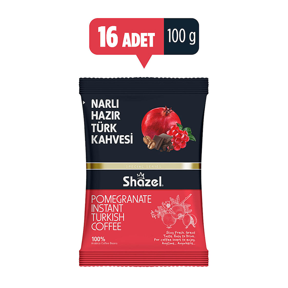 SHAZEL Narlı Hazır Türk Kahvesi 100G  (100g x 16 Adet)