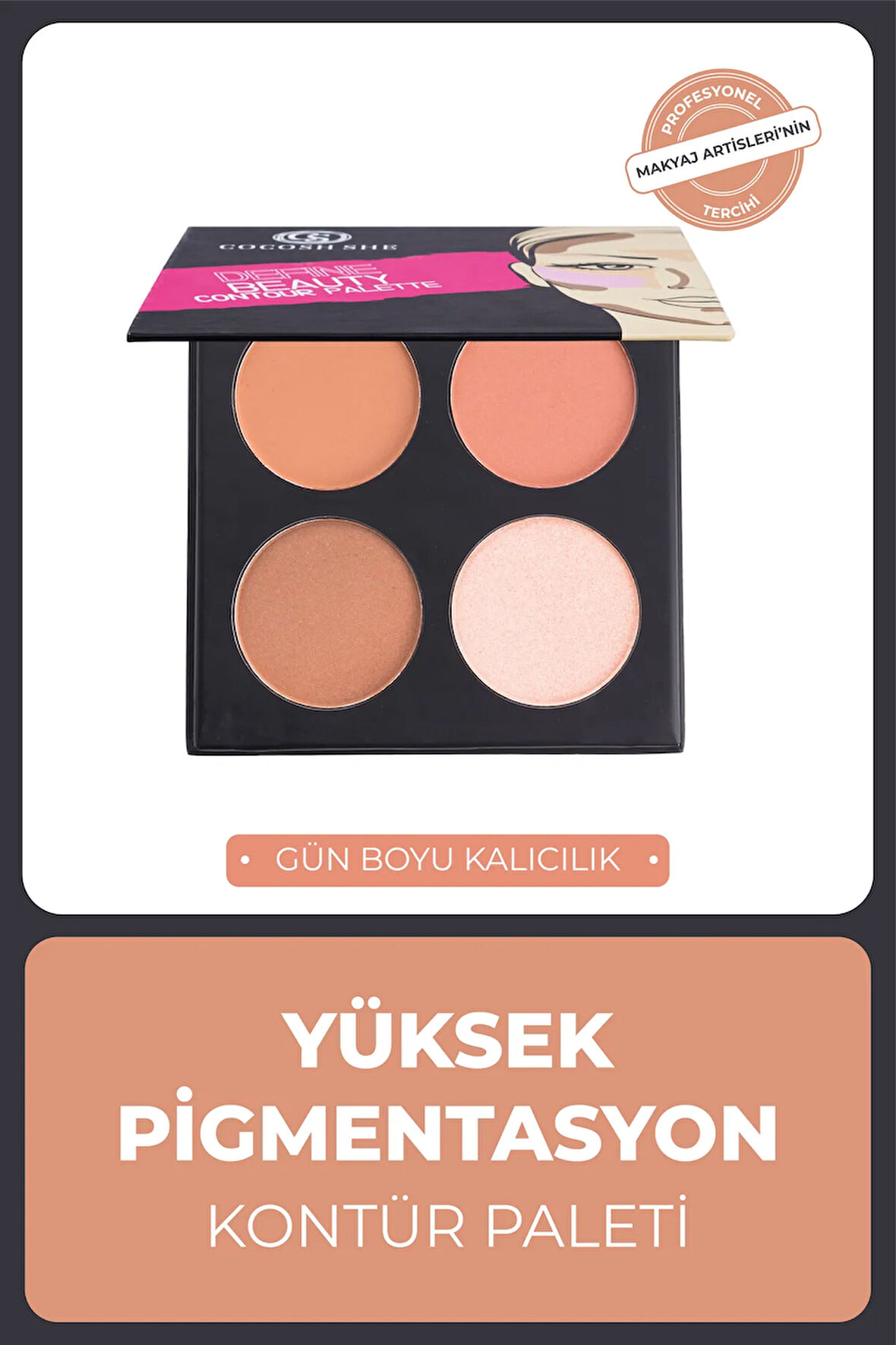 Define Beauty 4'lü Kontür, Aydınlatıcı, Allık, Bronzer Makyaj Paleti, Yüksek Pigmentasyon