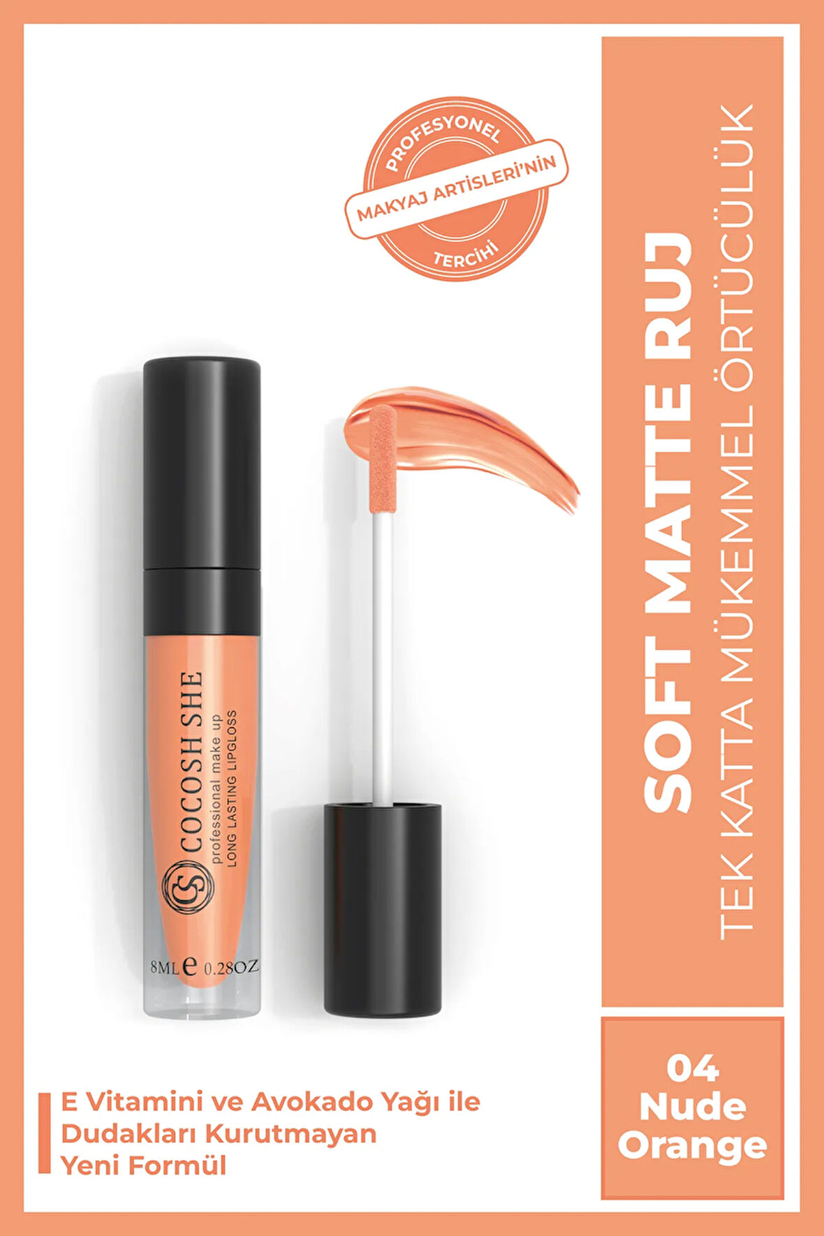 Soft Matte Likit Mat Ruj 04 Nude Orange, E Vitamini, Avokado Yağı, Kremsi Doku, Mat Bitiş, Bulaşmaz