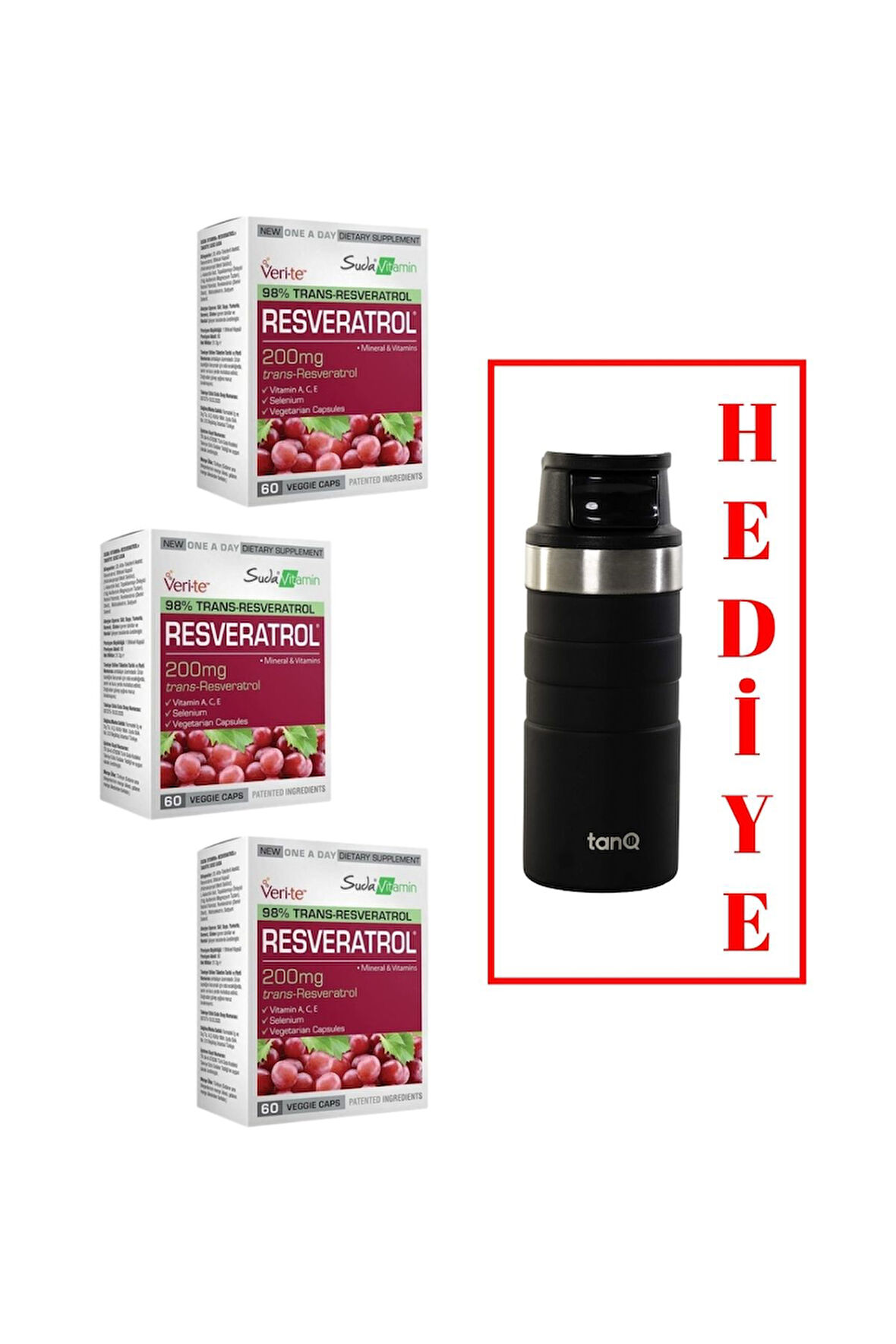 3 ADET SUDA VİTAMİN RESVERATROL 60 KAPSÜL (TANQ ÖMÜR BOYU GARANTİLİ 350CC TERMOS HEDİYELİ)