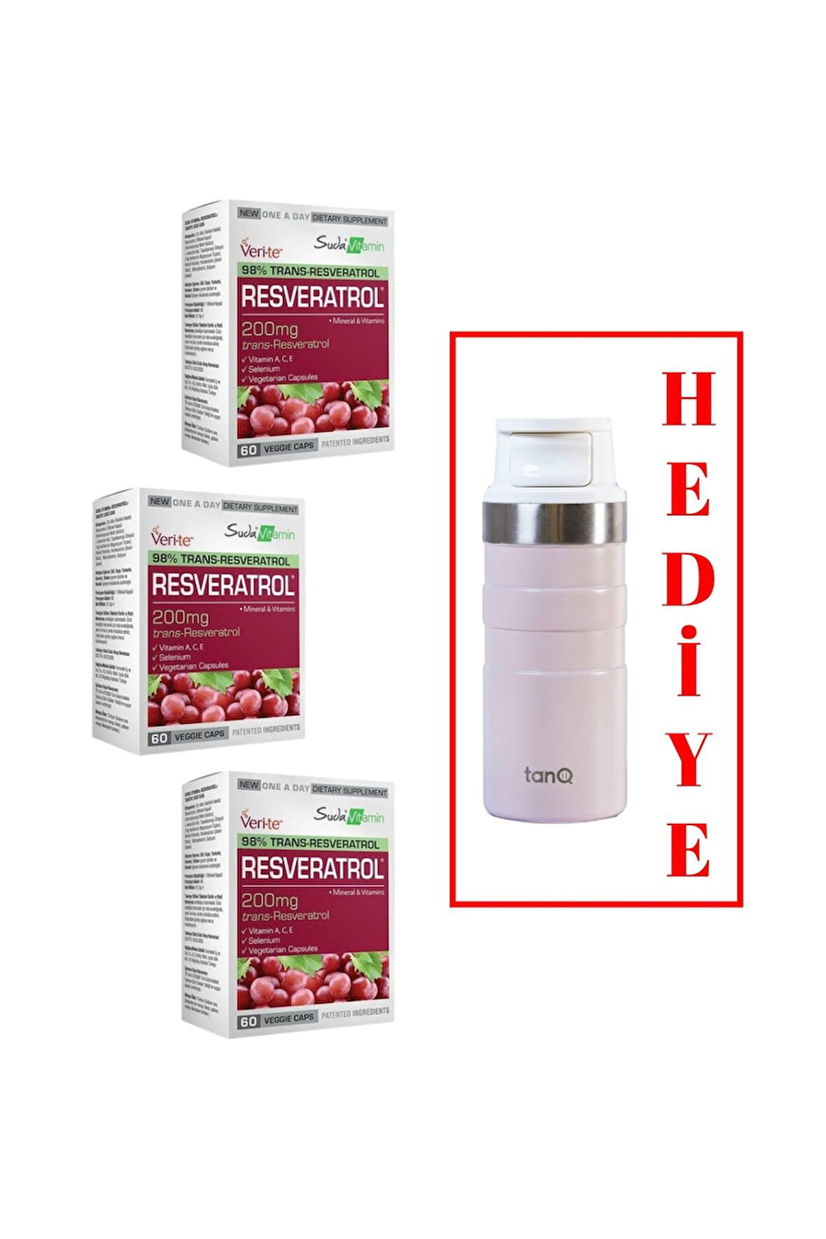 3 ADET SUDA VİTAMİN RESVERATROL 60 KAPSÜL (TANQ ÖMÜR BOYU GARANTİLİ 350CC TERMOS HEDİYELİ)