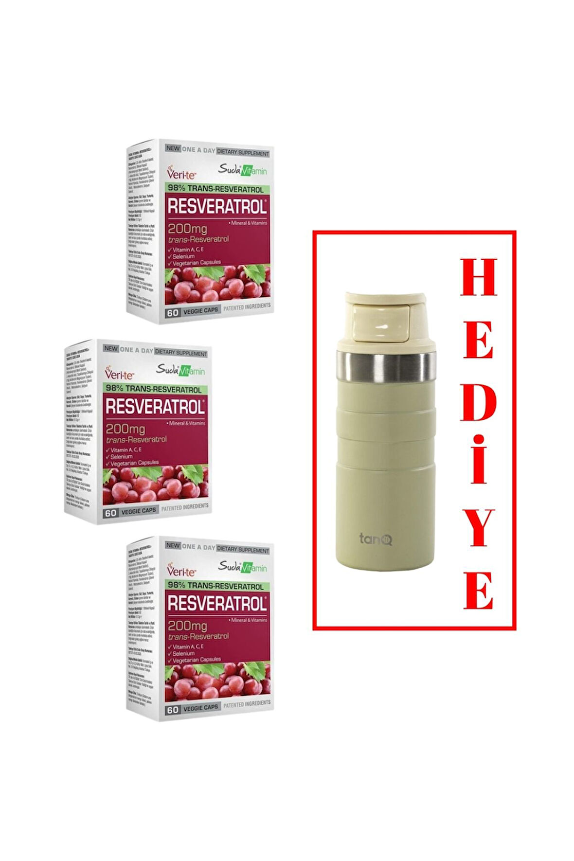3 ADET SUDA VİTAMİN RESVERATROL 60 KAPSÜL (TANQ ÖMÜR BOYU GARANTİLİ 350CC TERMOS HEDİYELİ)