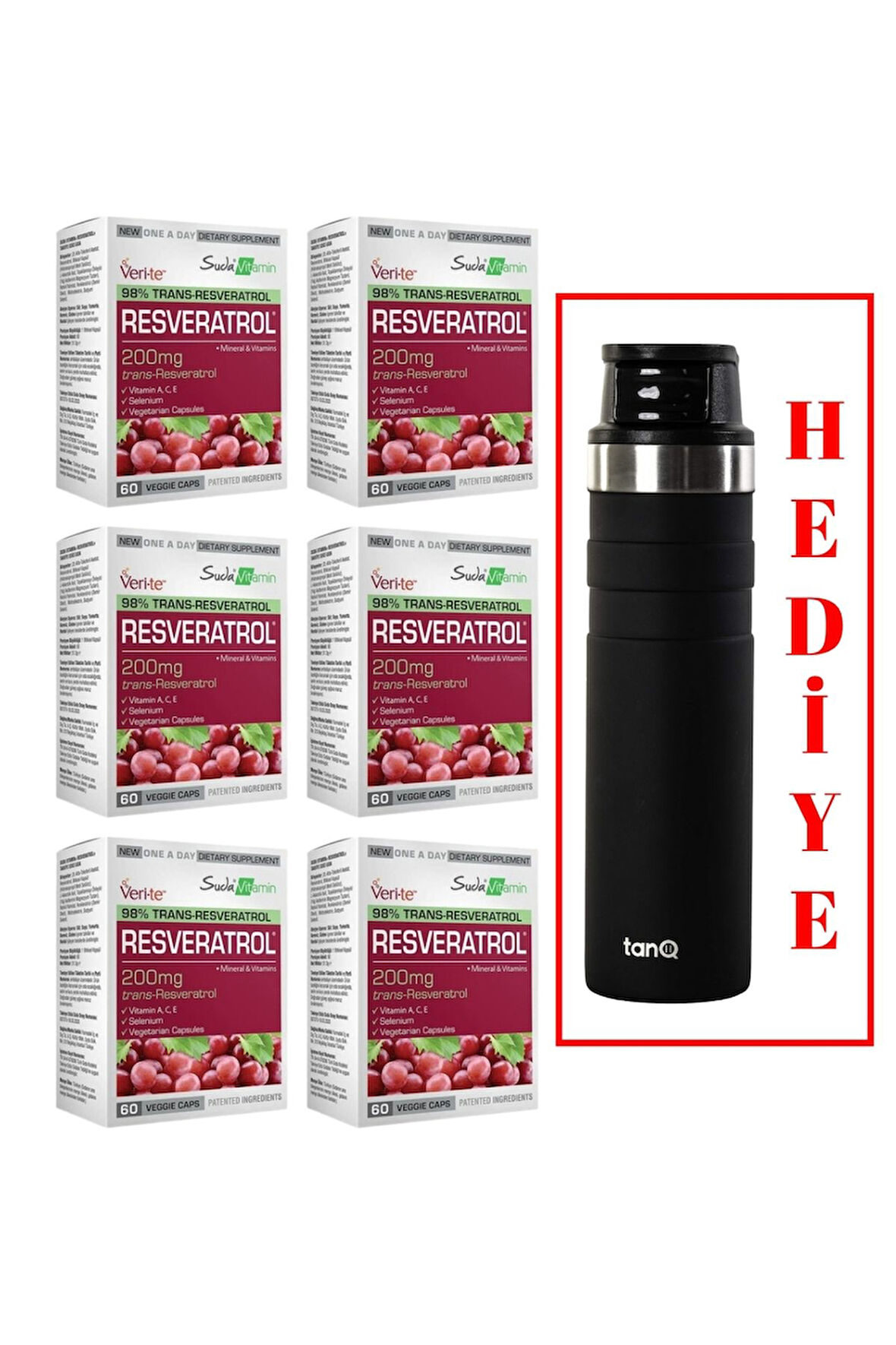 6 ADET SUDA VİTAMİN RESVERATROL 60 KAPSÜL (TANQ ÖMÜR BOYU GARANTİLİ 600CC TERMOS HEDİYELİ)