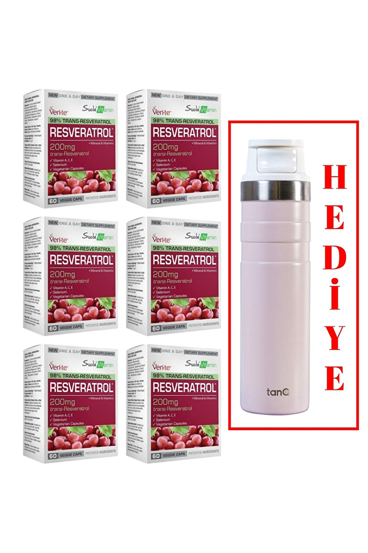 6 ADET SUDA VİTAMİN RESVERATROL 60 KAPSÜL (TANQ ÖMÜR BOYU GARANTİLİ 600CC TERMOS HEDİYELİ)