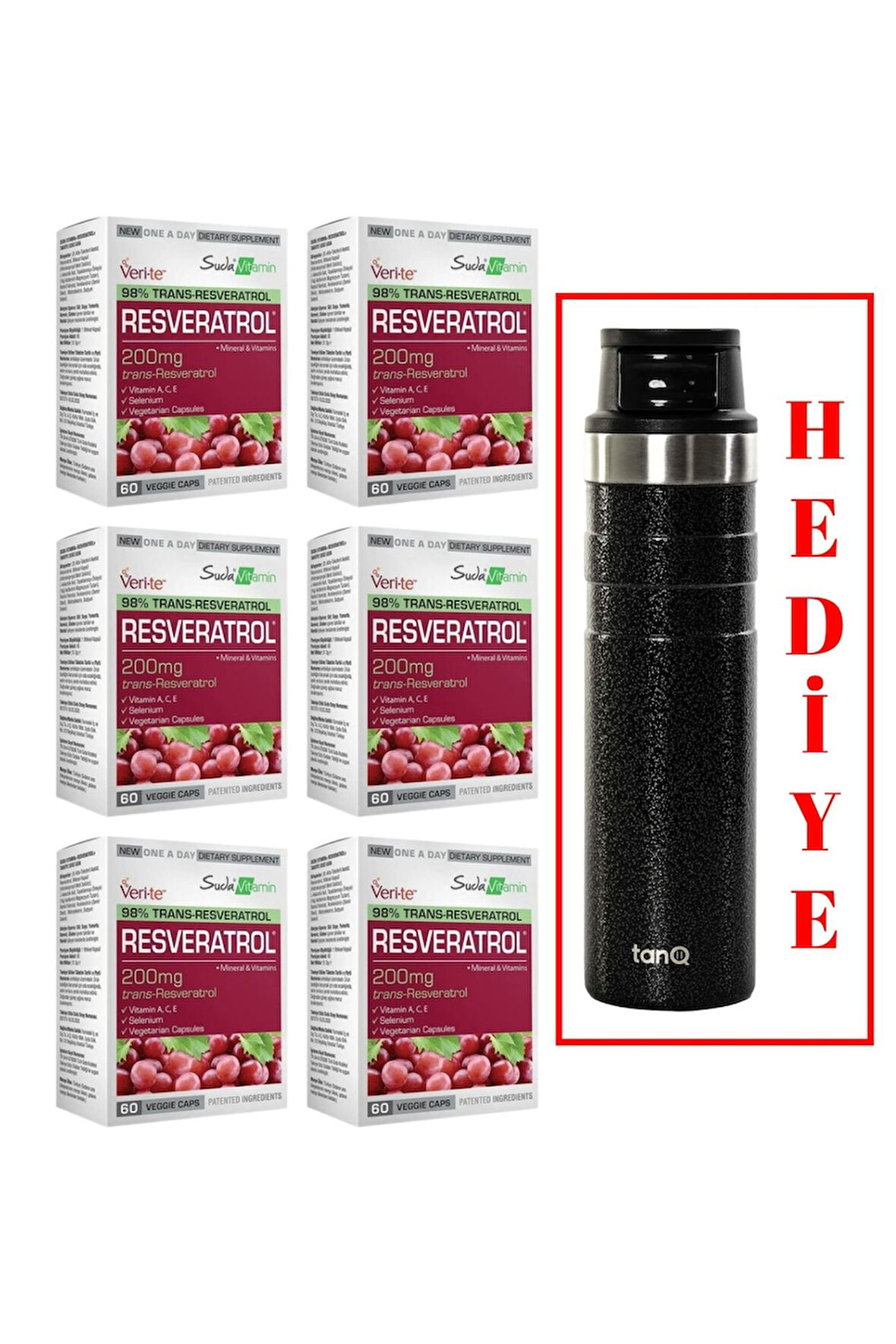 6 ADET SUDA VİTAMİN RESVERATROL 60 KAPSÜL (TANQ ÖMÜR BOYU GARANTİLİ 600CC TERMOS HEDİYELİ)