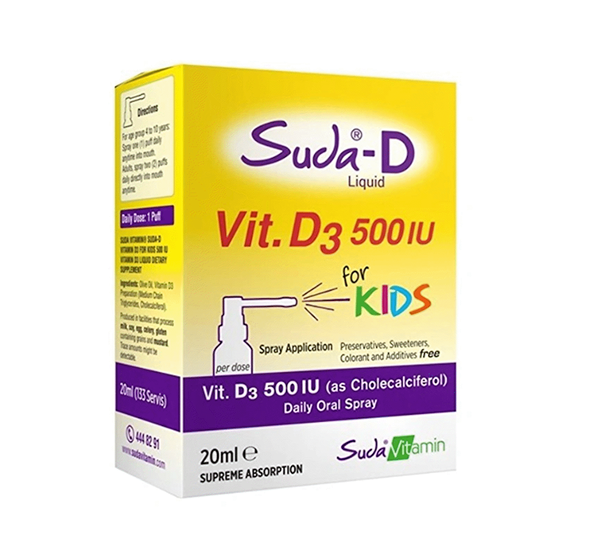 Suda Vitamin Suda-D Vitamin D3 500 IU Çocuklar için Günlük Oral Sprey 20 ml