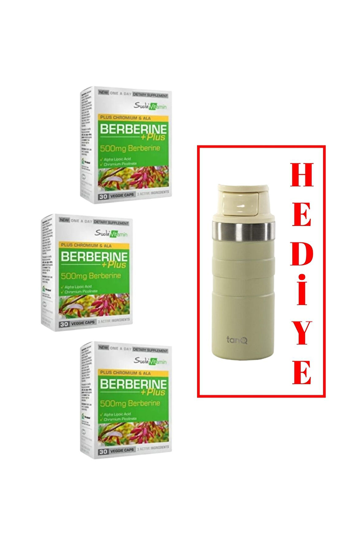 3 ADET SUDA VİTAMİN BERBERINE PLUS 30 KAPSÜL (TANQ ÖMÜR BOYU GARANTİLİ 350CC TERMOS HEDİYELİ)
