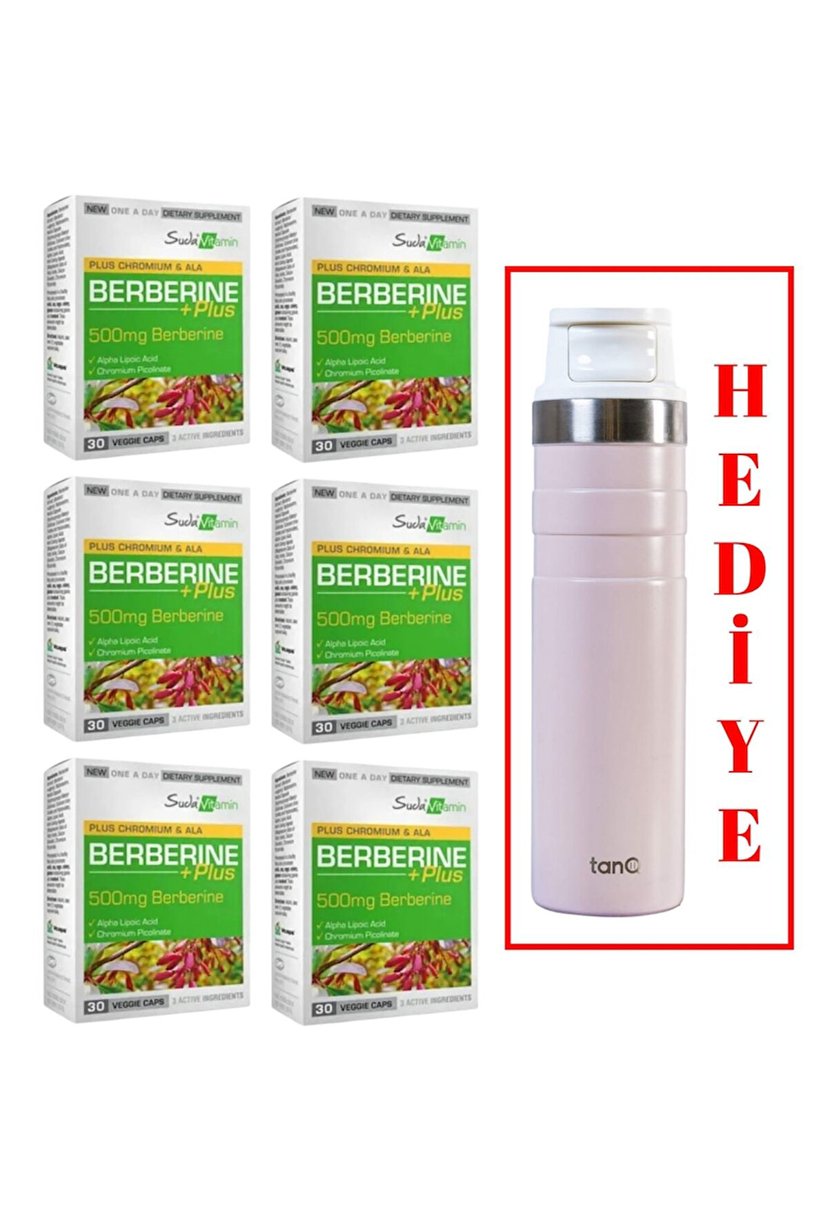 6 ADET SUDA VİTAMİN BERBERINE PLUS 30 KAPSÜL (TANQ ÖMÜR BOYU GARANTİLİ 600CC TERMOS HEDİYELİ)