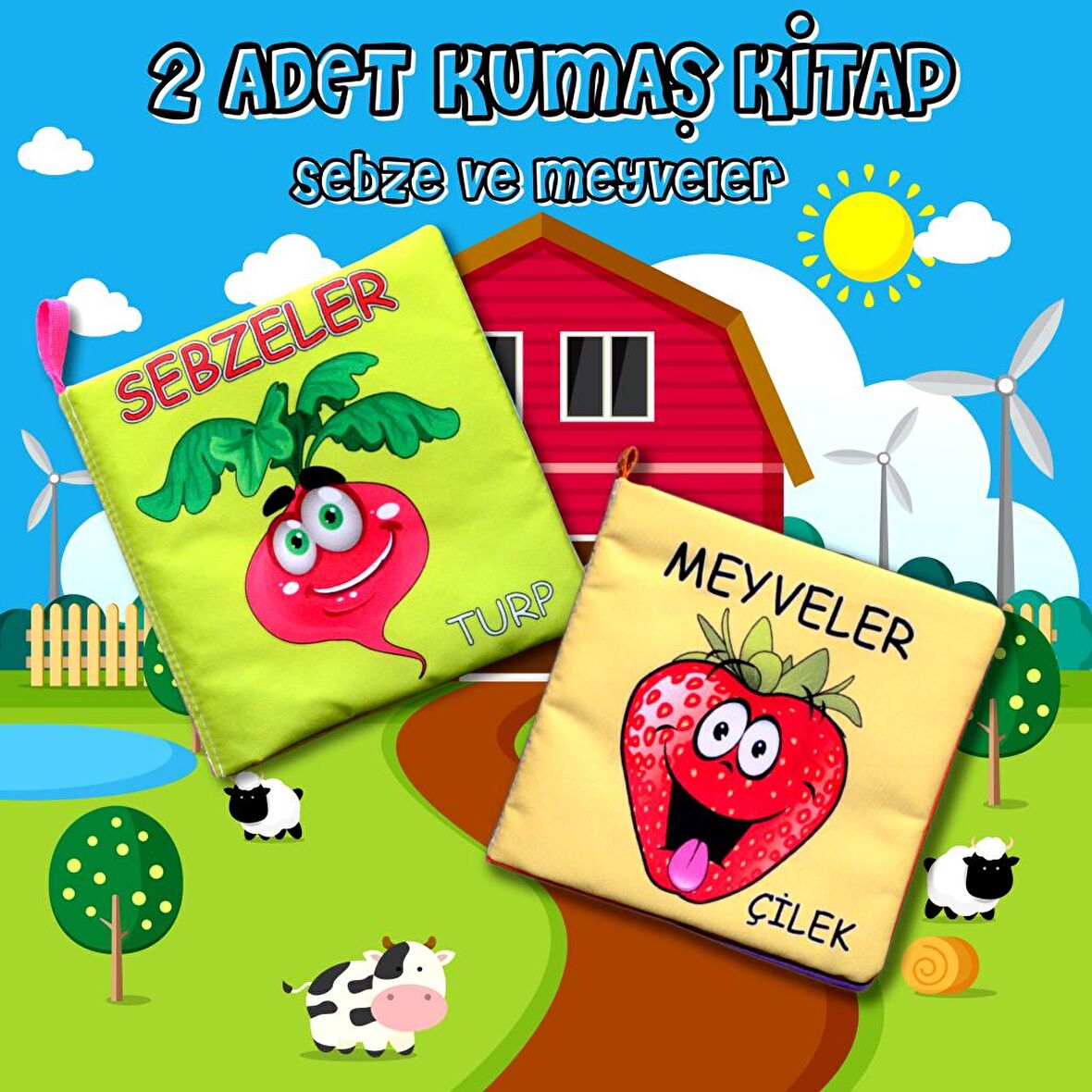 2 Kitap Tox Meyveler ve Sebzeler Kumaş Sessiz Kitap T113/T49 - Bez Kitap , Eğitici Oyuncak , Yumuşak ve Hışırtılı