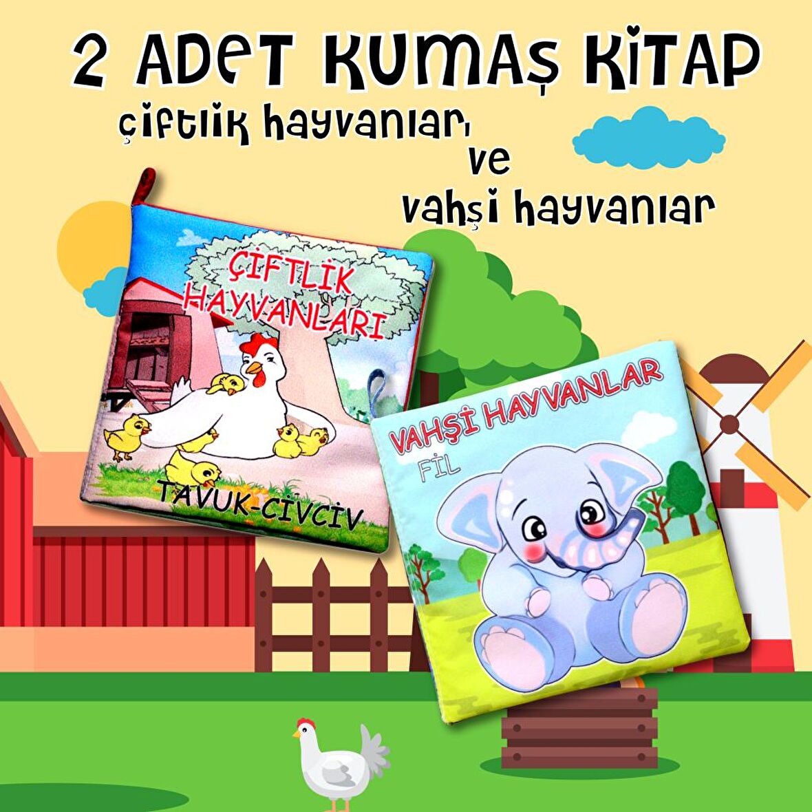 2 Kitap Tox Çiftlik Hayvanlar ve Vahşi Hayvanlar Kumaş Sessiz Kitap T58/T111 - Bez Kitap , Eğitici Oyuncak , Yumuşak ve Hışırtılı