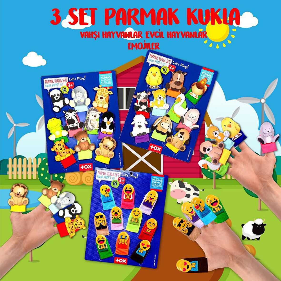3 Set - 30 Parça Tox Evcil , Vahşi Hayvanlar ve Emojiler Parmak Kukla T77-1 T78-1 T106
