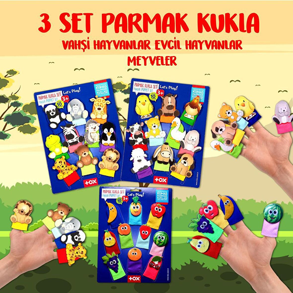 3 Set - 30 Parça Tox Evcil , Vahşi Hayvanlar ve Meyveler Parmak Kukla T77-1 T78-1 T105