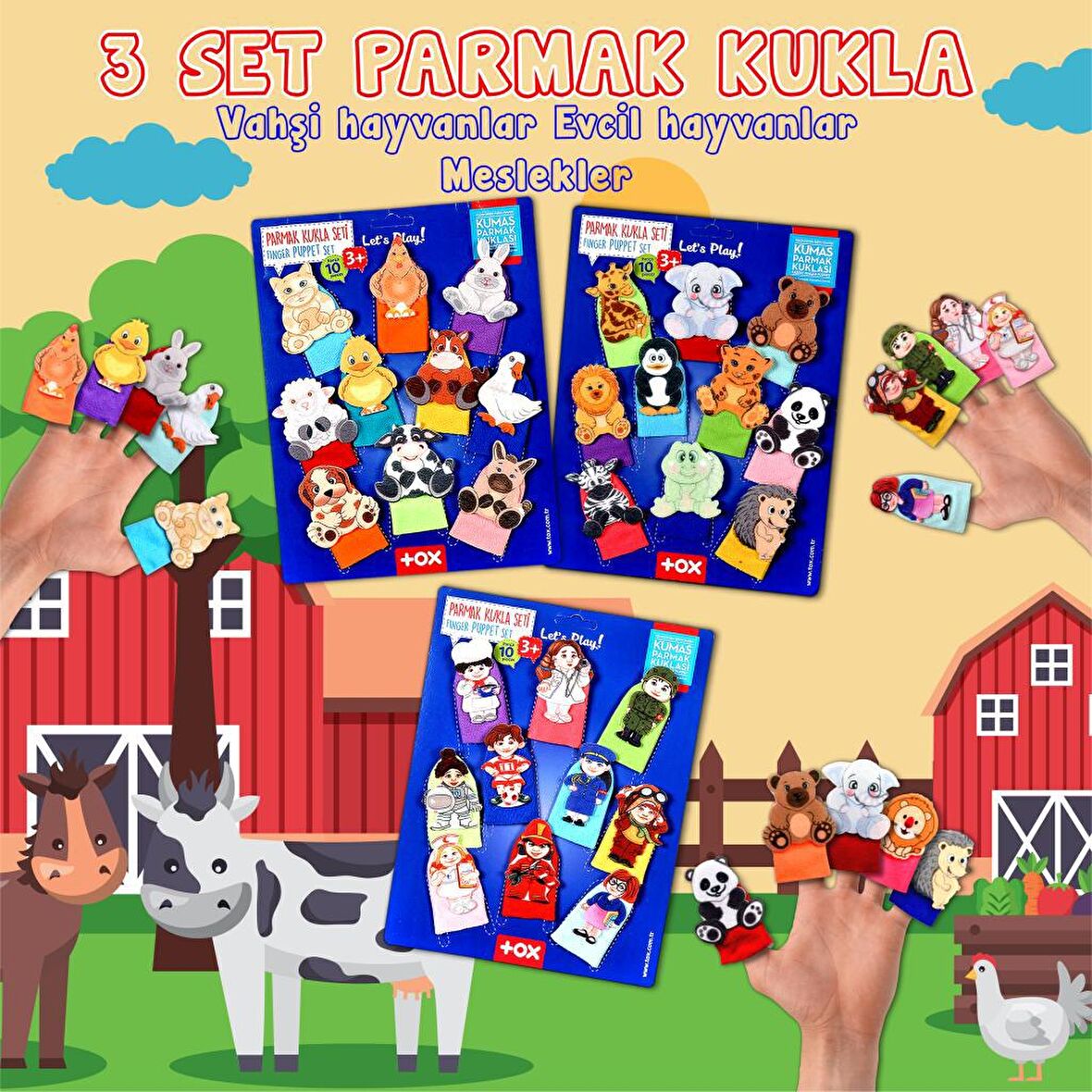 3 Set - 30 Parça Tox Evcil , Vahşi Hayvanlar ve Meslekler Parmak Kukla T77-2 T78-2 T76-2