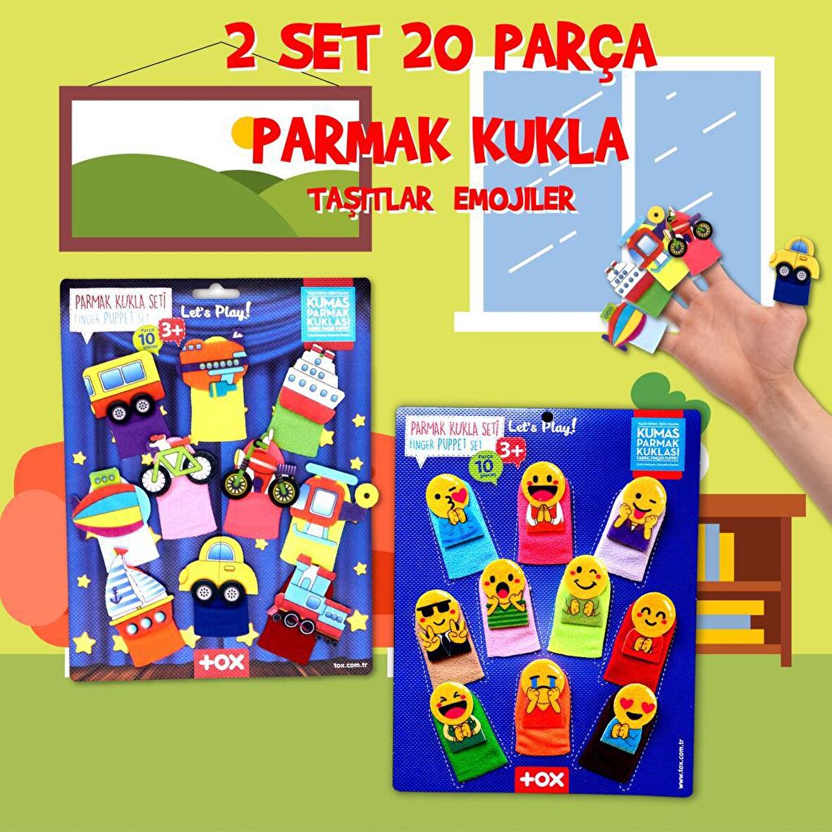 2 Set - 20 Parça Tox Taşıtlar ve Emojiler Parmak Kukla T106 T181