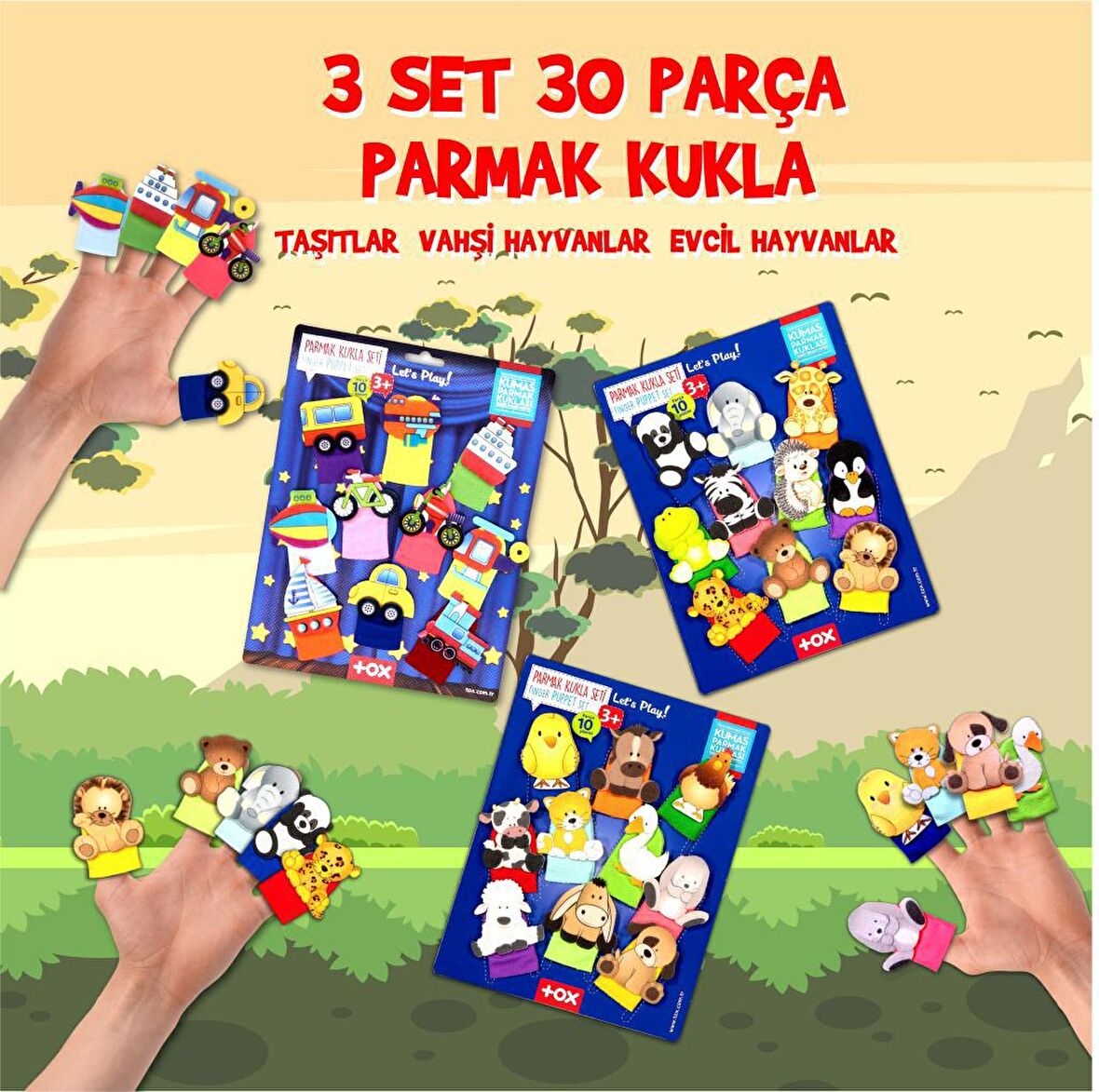 3 Set - 30 Parça Tox Taşıtlar, Evcil ve Vahşi Hayvanlar Parmak Kukla T181 T77-1 T78-1