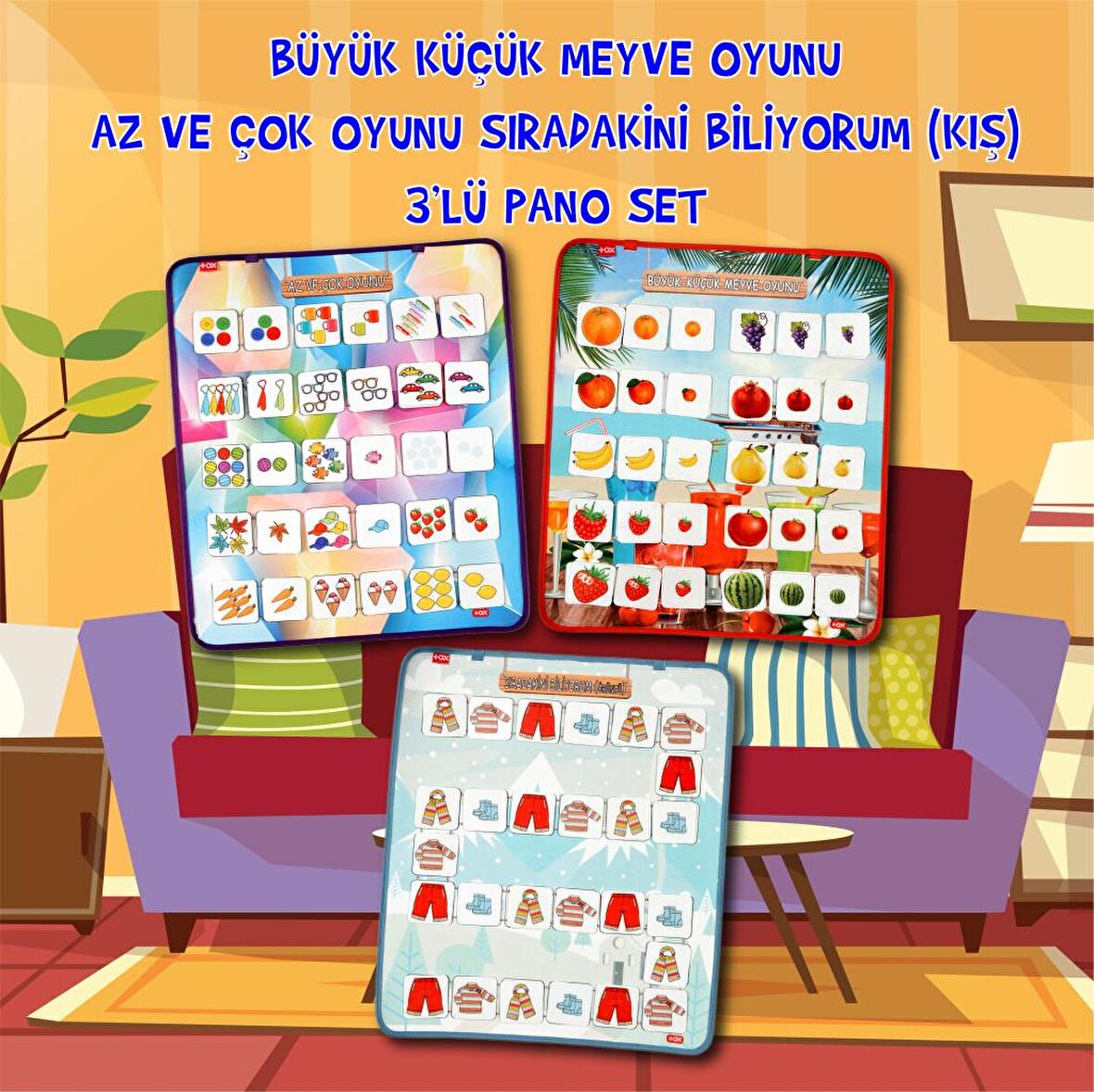 3 Set - 87 Parça Tox Az - Çok , Büyük - Küçük Meyve ve Sıradakini Biliyorum Oyunu Keçe Cırtlı Duvar Panoları , Eğitici Oyuncak