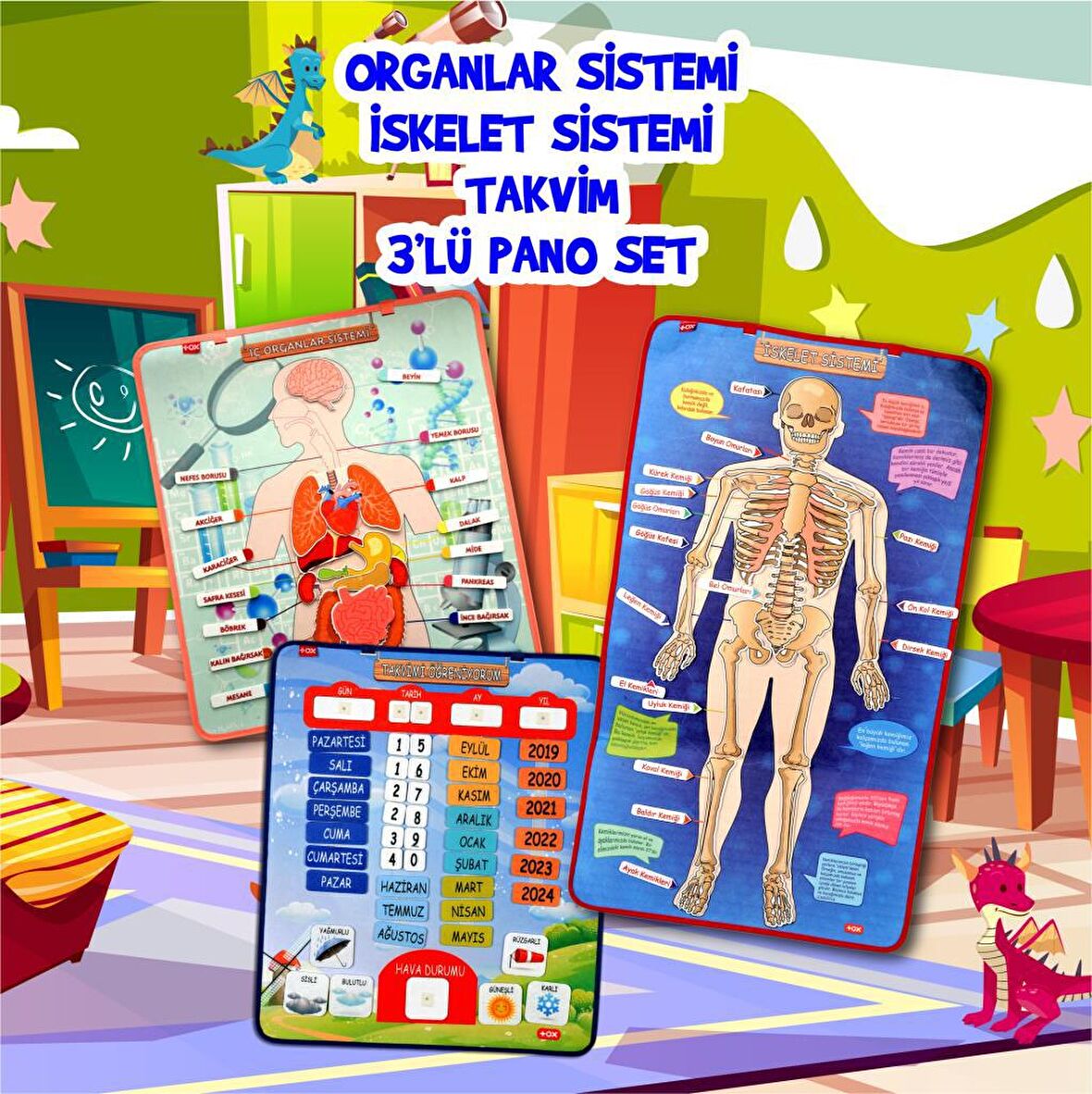 3 Set -106 Parça Tox İç Organlar , İskelet  Sistemi ve Takvimi Öğreniyorum Keçe Cırtlı Duvar Panoları , Eğitici Oyuncak