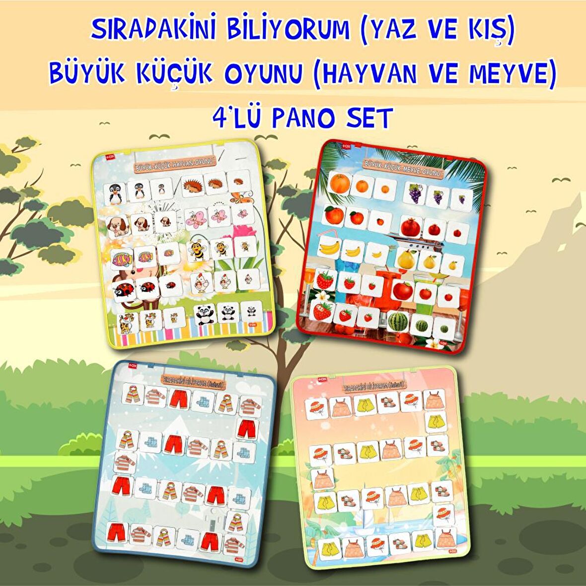 4 Set - 114 Parça Tox Sıradakini Biliyoum ( Yaz , Kış ) ve Büyük -Küçük Oyunu (Hayvan, Meyve) Keçe Cırtlı Duvar Panoları , Eğitici Oyuncak