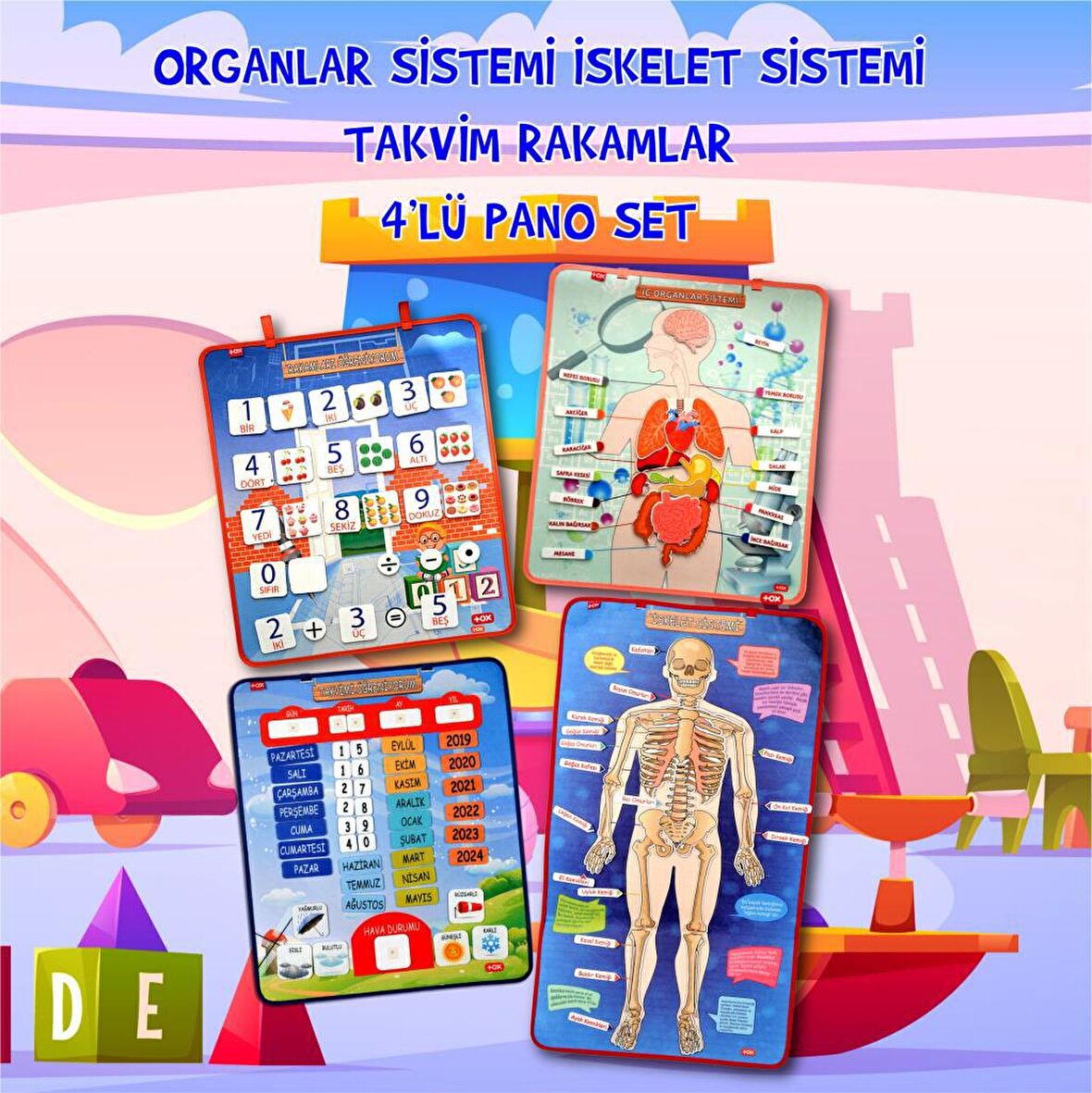 4 Set  151 Parça Tox İskelet , İç Organlar Sistemi , Takvim ve Rakamları Öğreniyorum Keçe Cırtlı Duvar Panoları , Eğitici Oyuncak