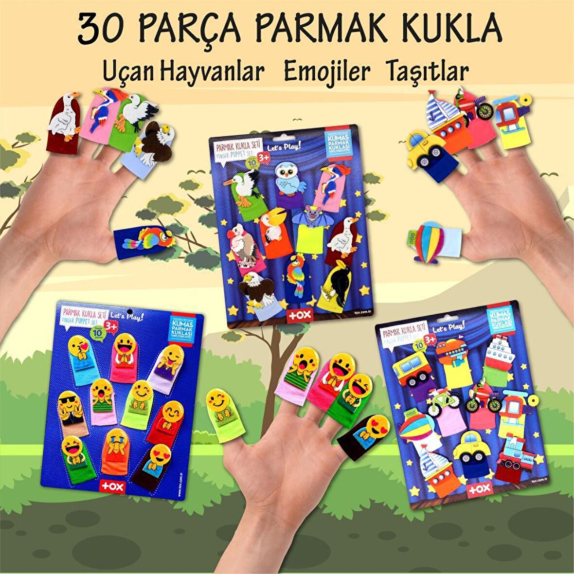 3 Set - 30 Parça Tox Taşıtlar, Emojiler ve Uçan Hayvanlar Parmak Kukla T181 T106 T222