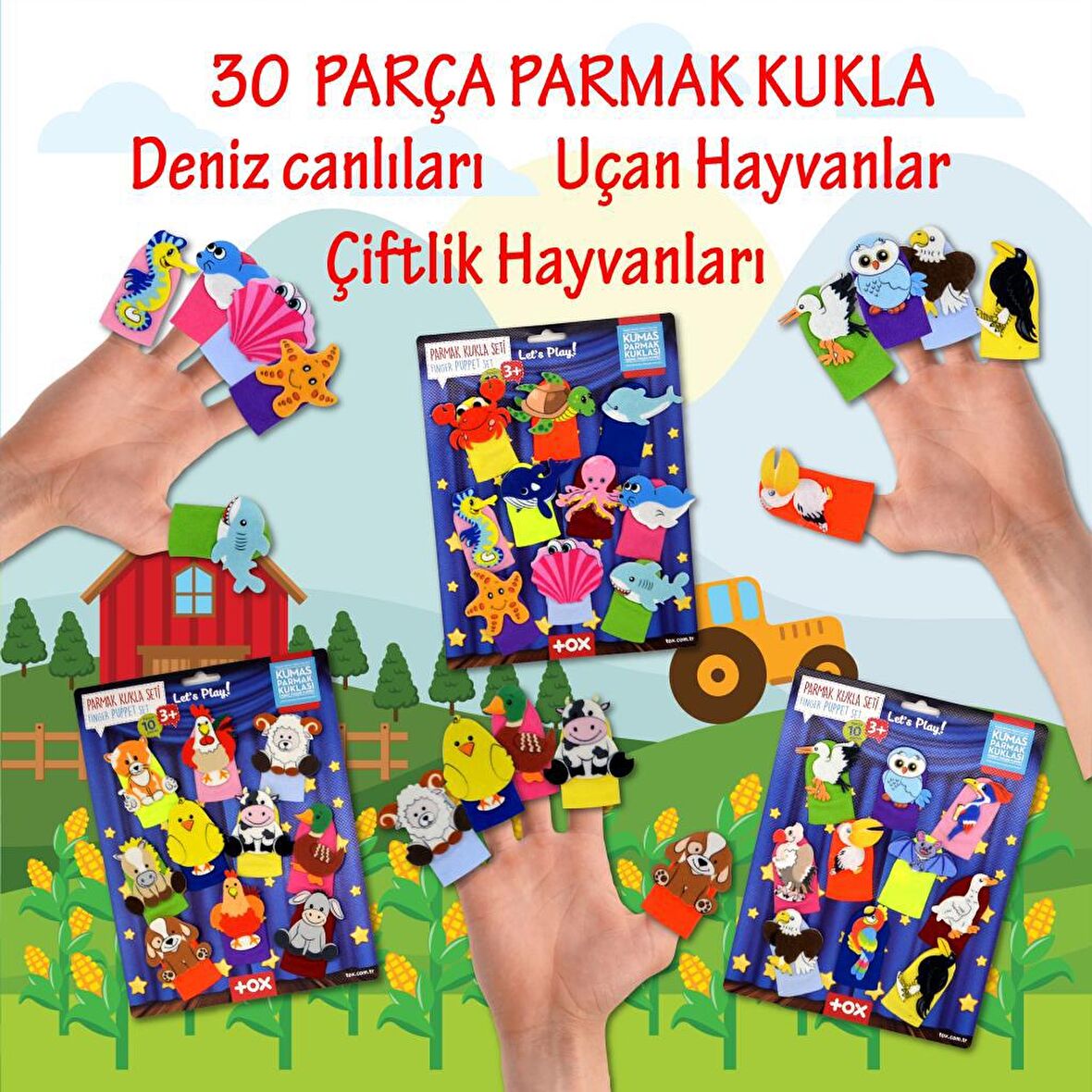 3 Set - 30 Parça Tox Deniz Canlıları,  Çiftlik ve Uçan Hayvanlar Parmak Kukla T120 T121 T222