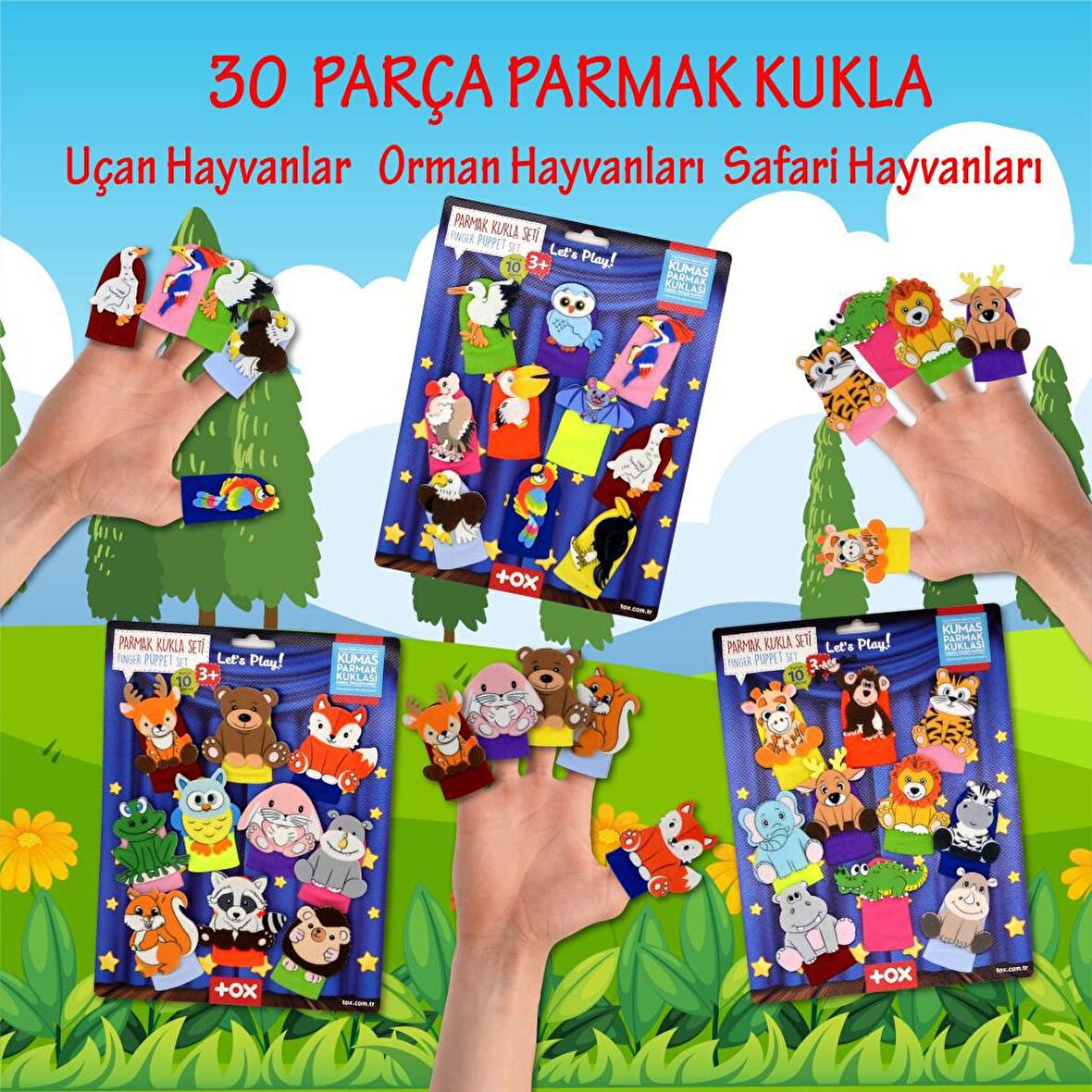 3 Set - 30 Parça Tox Orman, Safari ve Uçan Hayvanlar Parmak Kukla T118 T123 T222