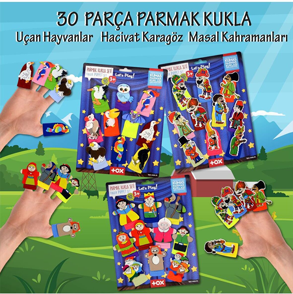 3 Set - 30 Parça Tox Hacivat Karagöz , Masal Kahramanları ve Uçan Hayvanlar Parmak Kukla T224 T225 T222