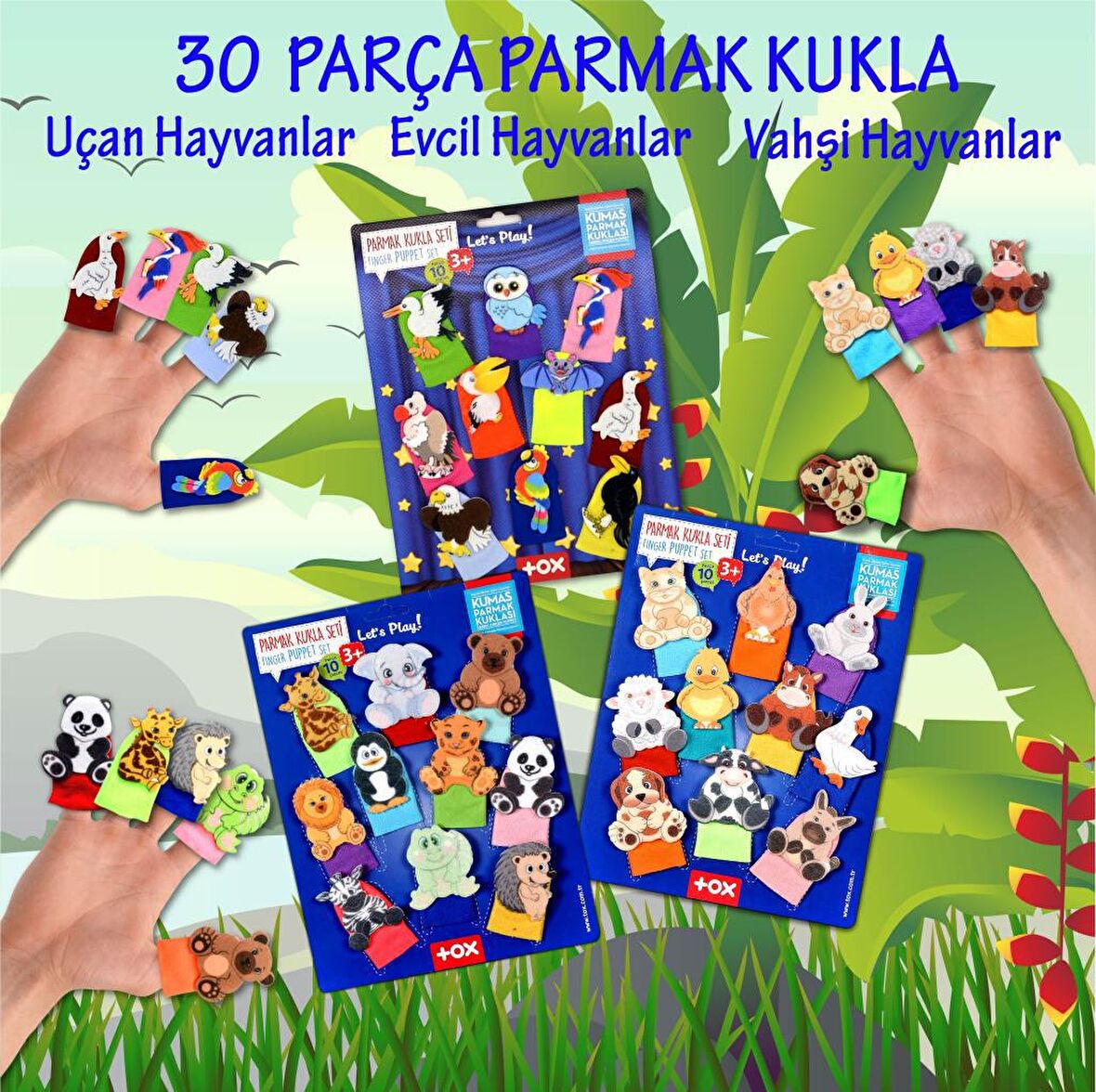 3 Set - 30 Parça Tox Evcil, Vahşi ve Uçan Hayvanlar Parmak Kukla T77-2 T78-2 T222