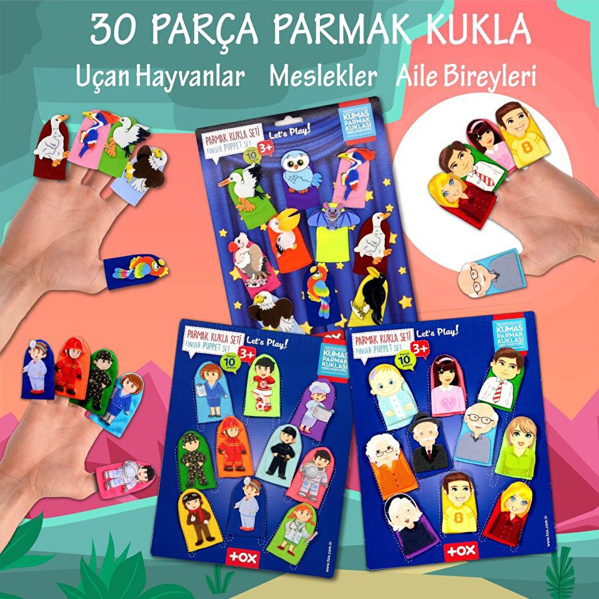 3 Set - 30 Parça Tox Meslekler, Aile Bireyleri ve Uçan Hayvanlar Parmak Kukla T75-1 T76-1 T222