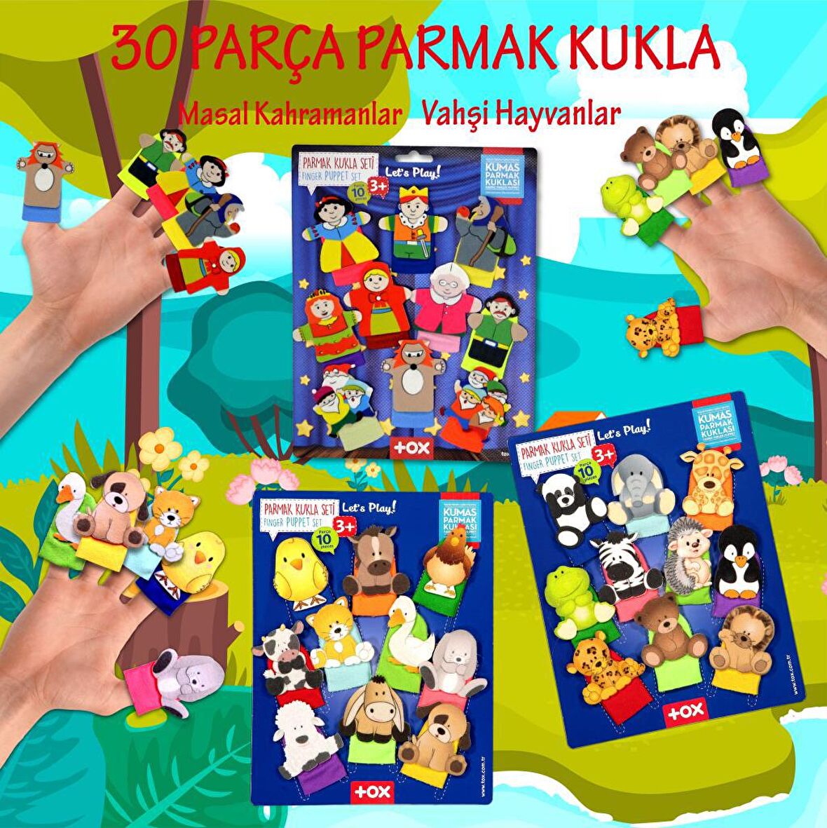 3 Set - 30 Parça Tox Masal Kahramanları, Evcil ve Vahşi Hayvanlar Parmak Kukla T225 T77-1 T78-1