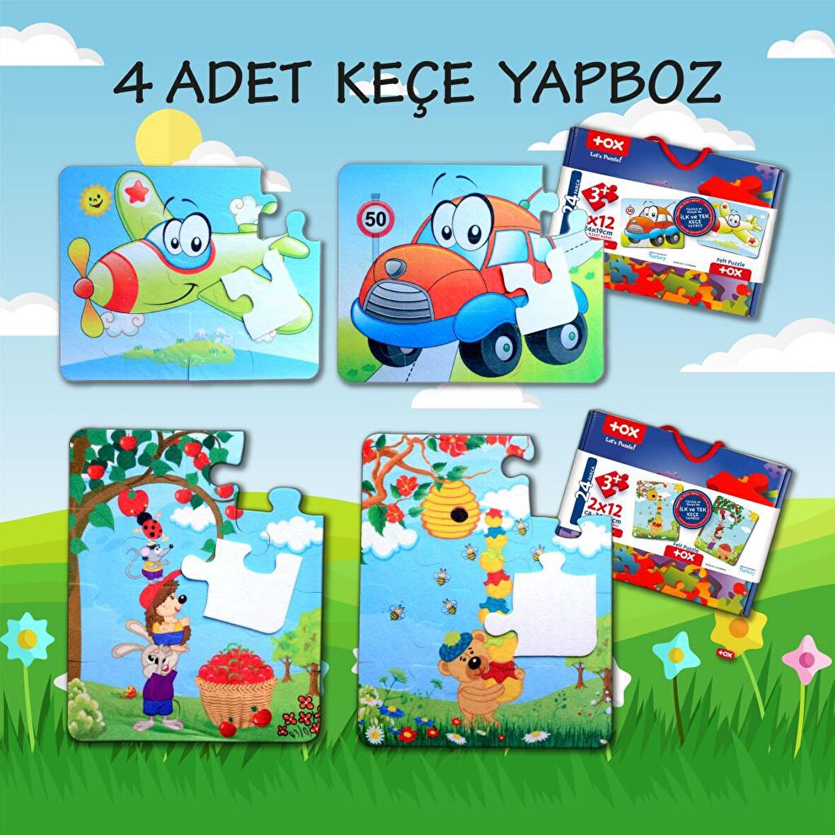 4 Set - 48 Parça Tox Uçak, Araba ve Elmacı Ayı 3+ Keçe Yapboz - 3 Yaş Puzzle T44 T04