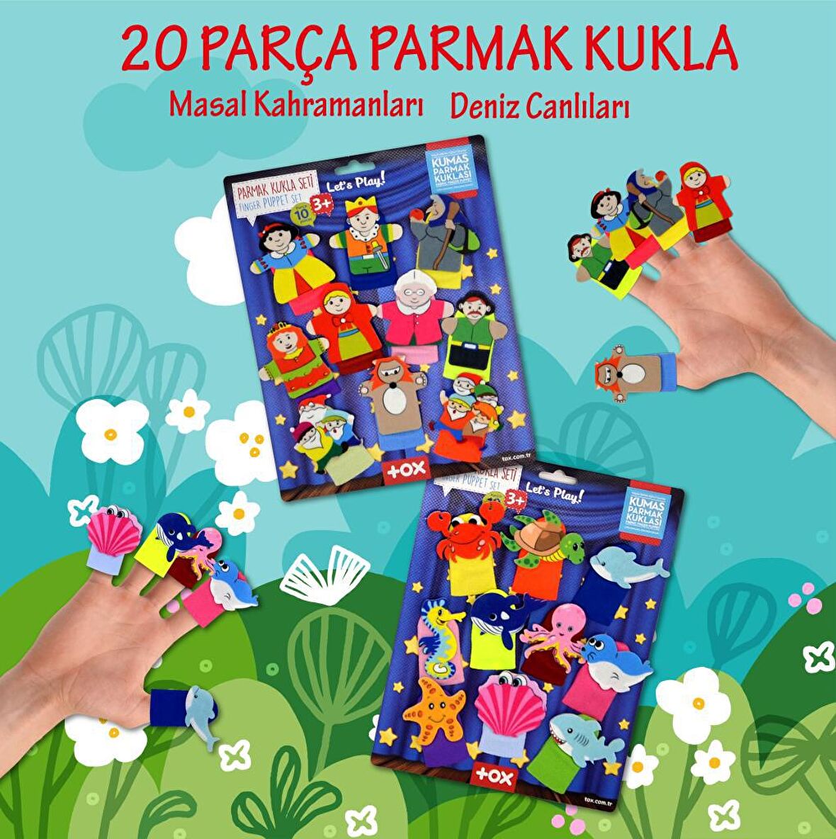 2 Set - 20 Parça Tox Masal Kahramanları ve Deniz Canlıları Parmak Kukla T221 T225