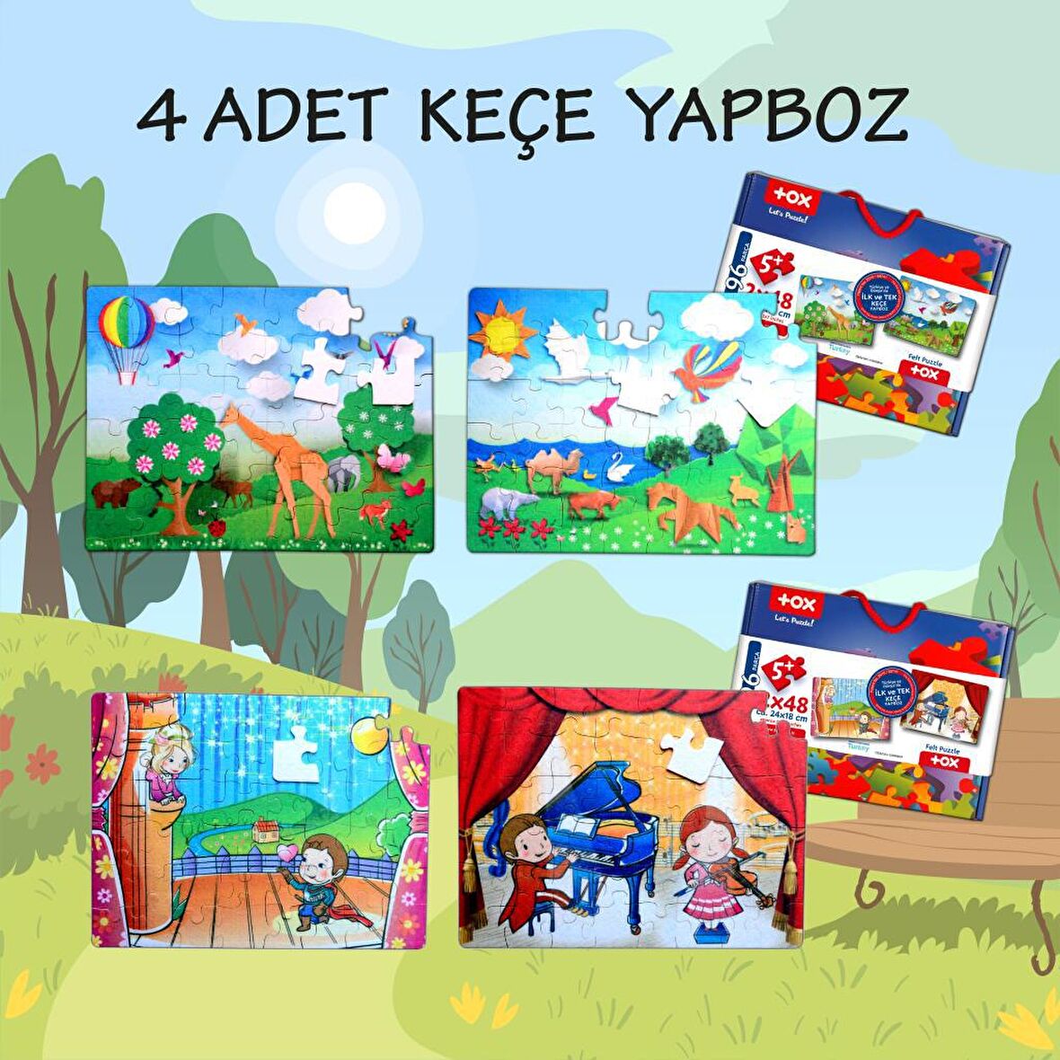 4 Set - 96 Parça Tox Origami ve Sahne 5+ Keçe Yapboz - 5 Yaş Puzzle T19 T18