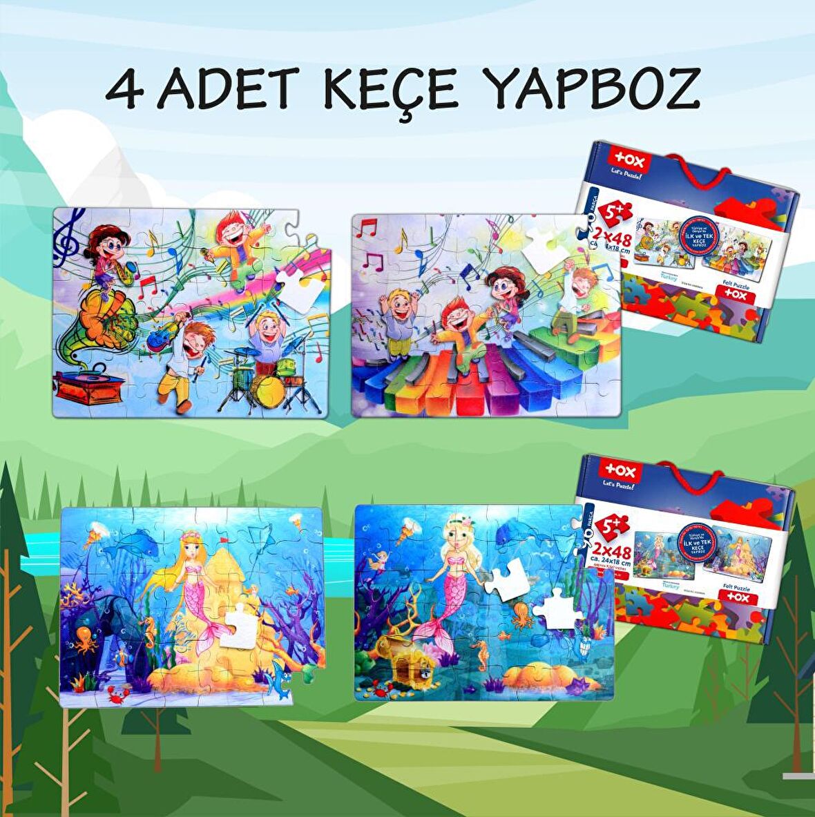 4 Set - 96 Parça Tox Müzik ve Deniz Kızı 5+ Keçe Yapboz - 5 Yaş Puzzle T41 T16