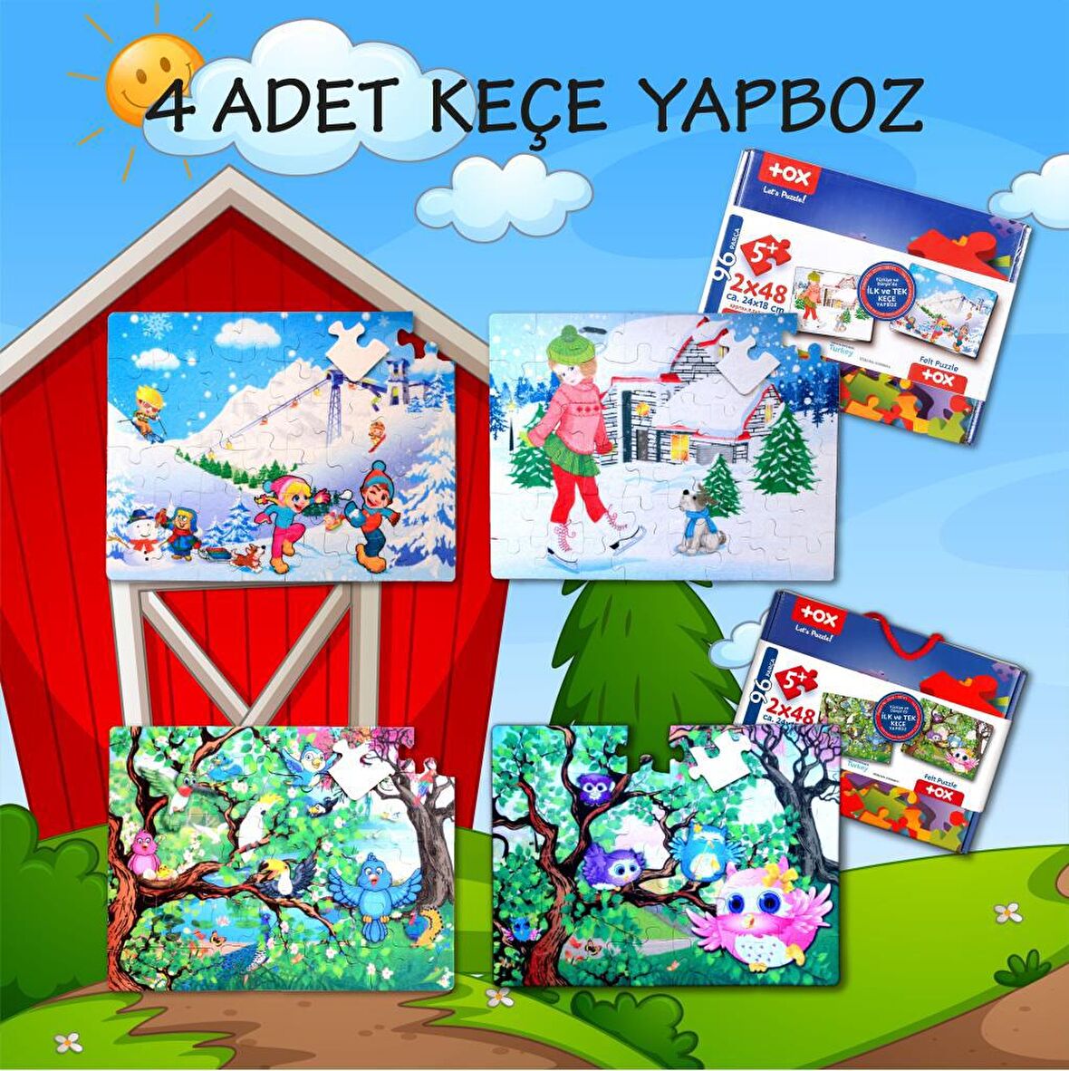 4 Set - 96 Parça Tox Kış ve Baykuş 5+ Keçe Yapboz - 5 Yaş Puzzle T14 T17