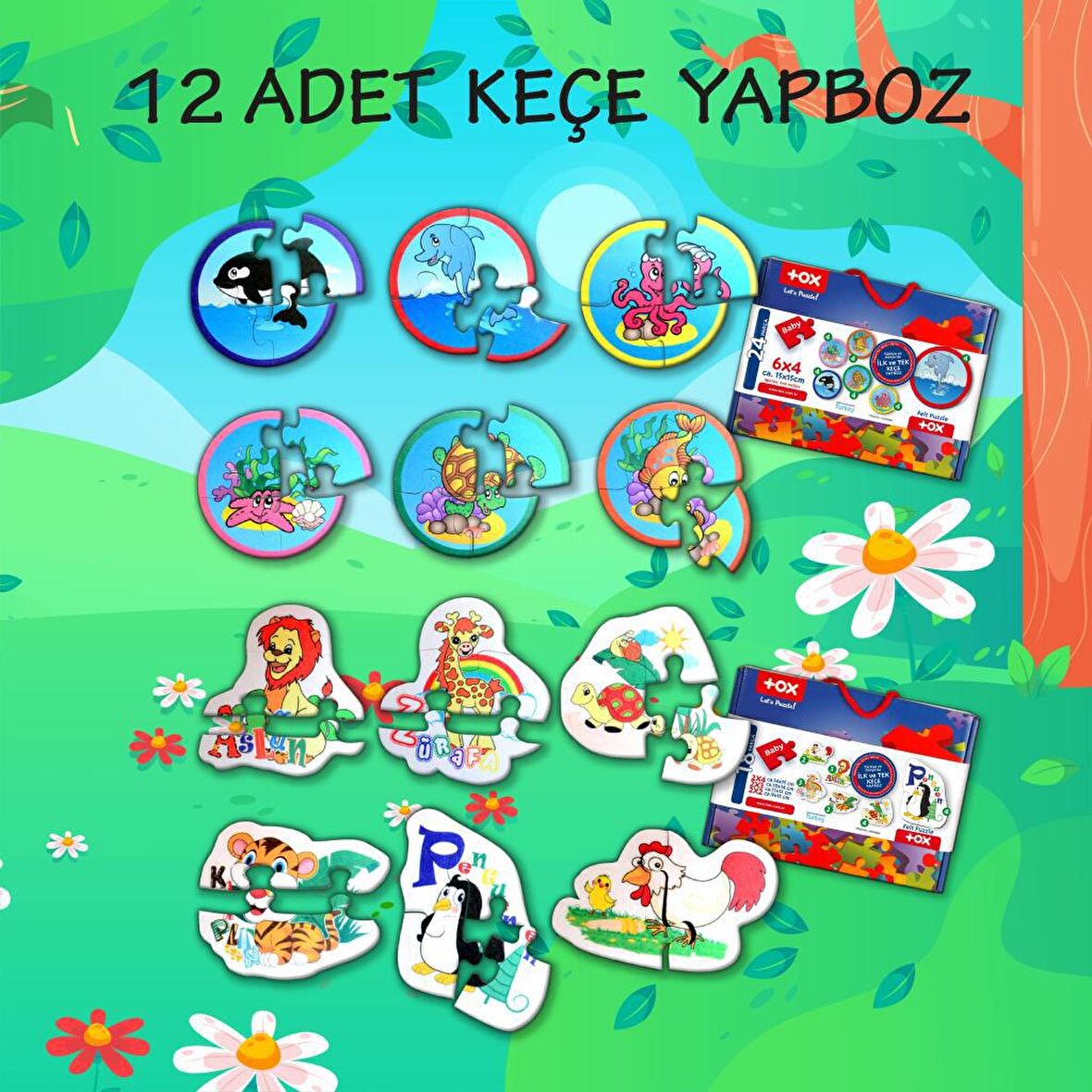 12 Set - 42 Parça Tox Deniz Canlıları ve Hayvanlar 2+ Keçe Yapboz - 2 Yaş Puzzle T01 T03