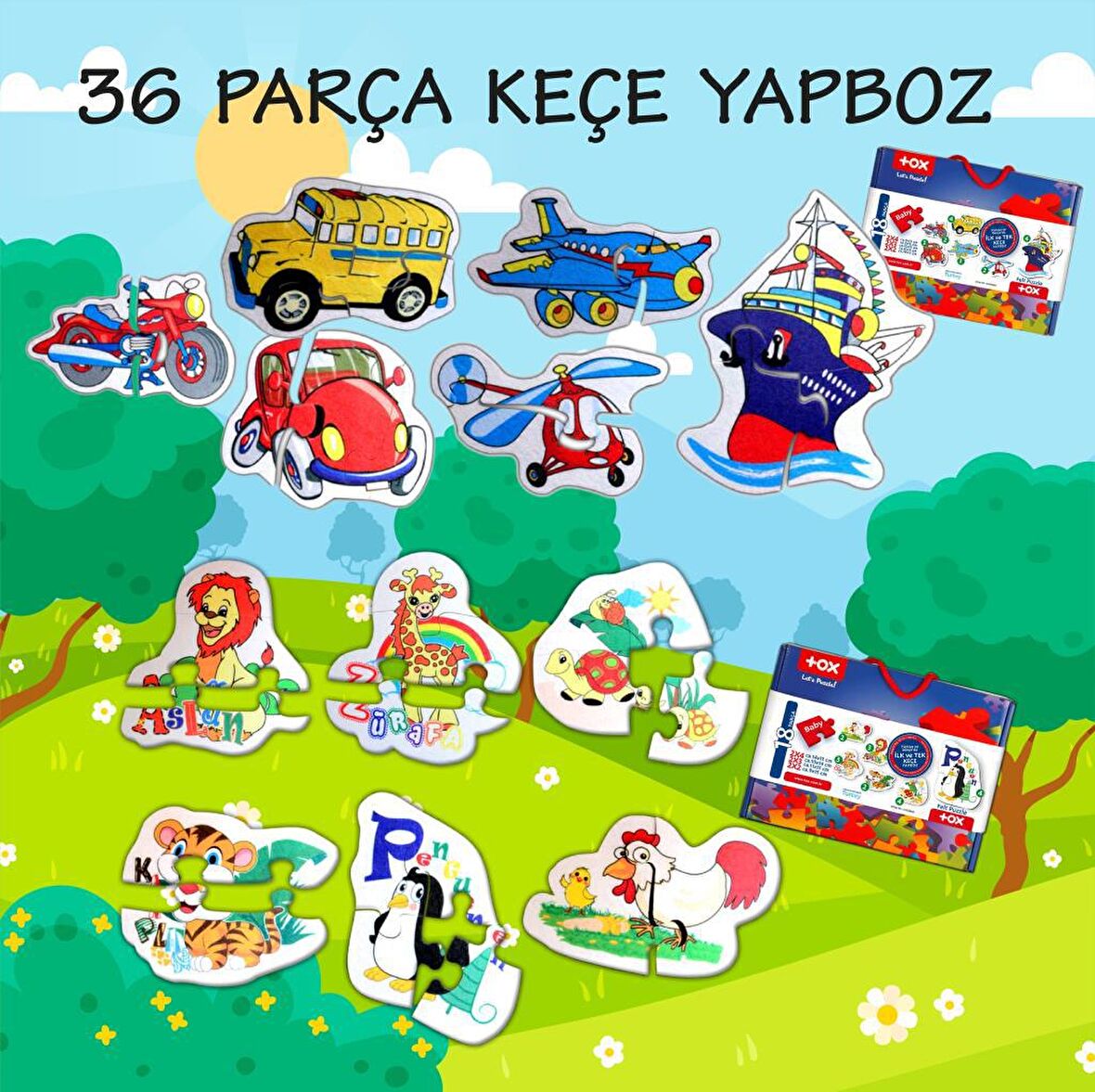 12 Set - 36 Parça Tox Hayvanlar ve Ulaşım Araçları 2+ Keçe Yapboz - 2 Yaş Puzzle T03 T02