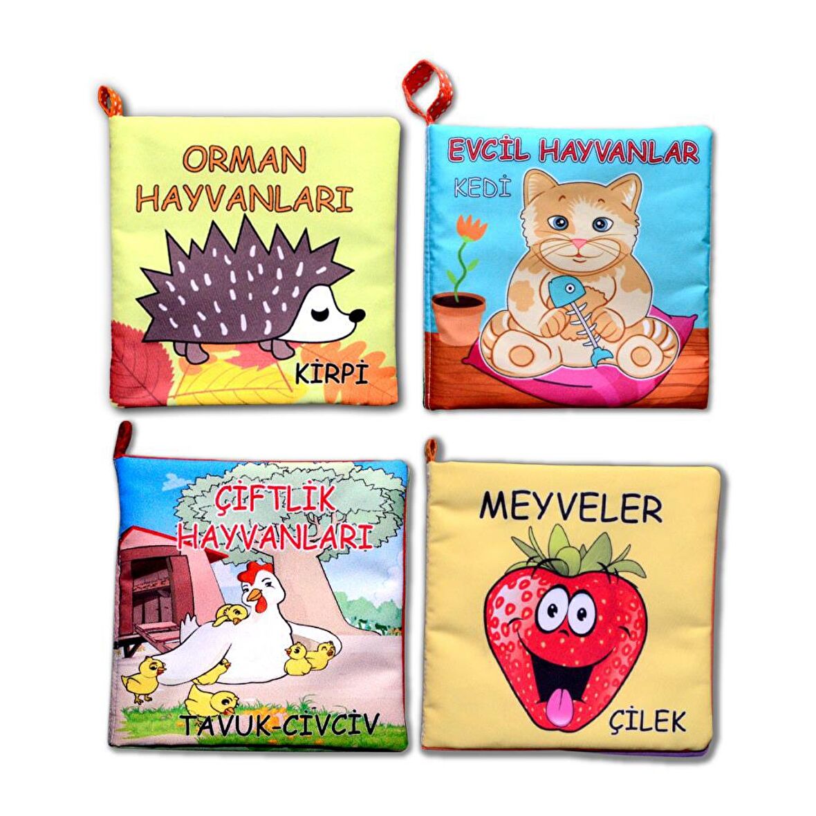 4 Kitap Tox Meyveler , Çiftlik , Orman ve Evcil Hayvanlar Kumaş Sessiz Kitap T055 T049 T058 T110 - Bez Kitap , Eğitici Oyuncak , Yumuşak ve Hışırtılı