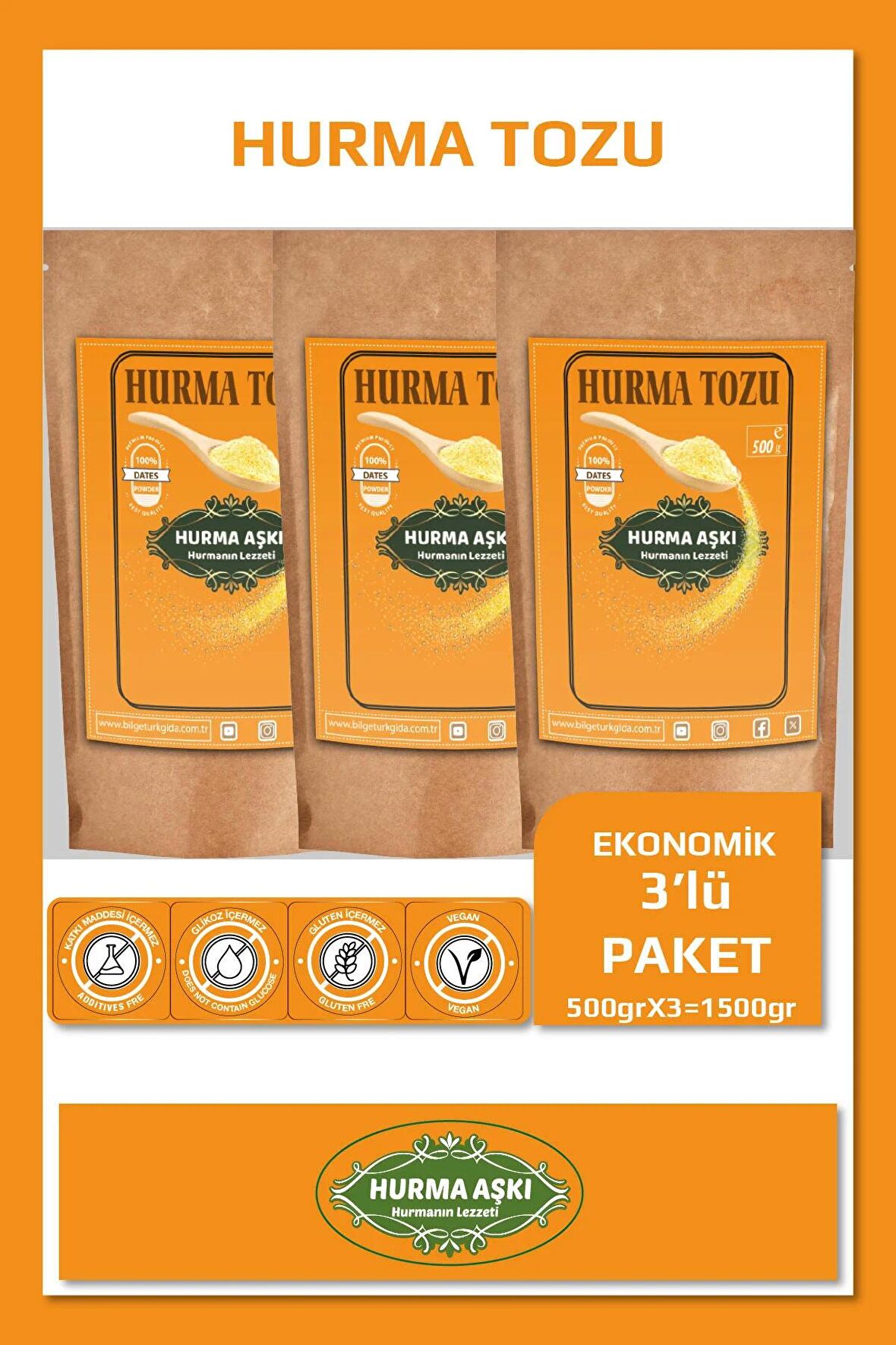 Hurma Aşkı Hurma Tozu 500GrX3=1500Gr